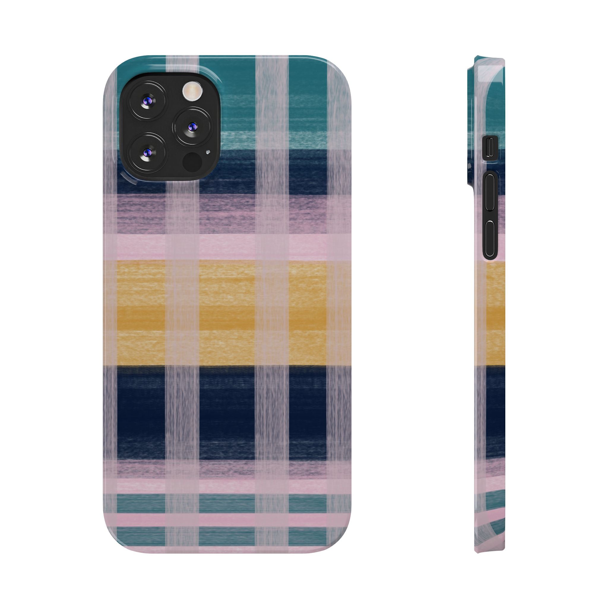 Plaid Brushstroke Slim Phone Case — Pastel Teal, Pink & Yellow Protective Cover SATC Inspired