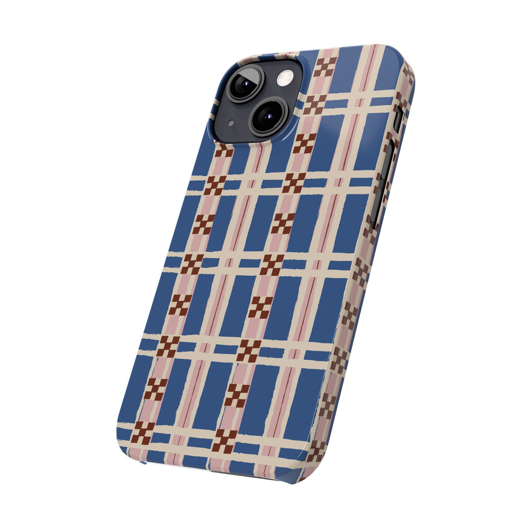 Slim Phone Case — Blue & Pink Retro Plaid Pattern