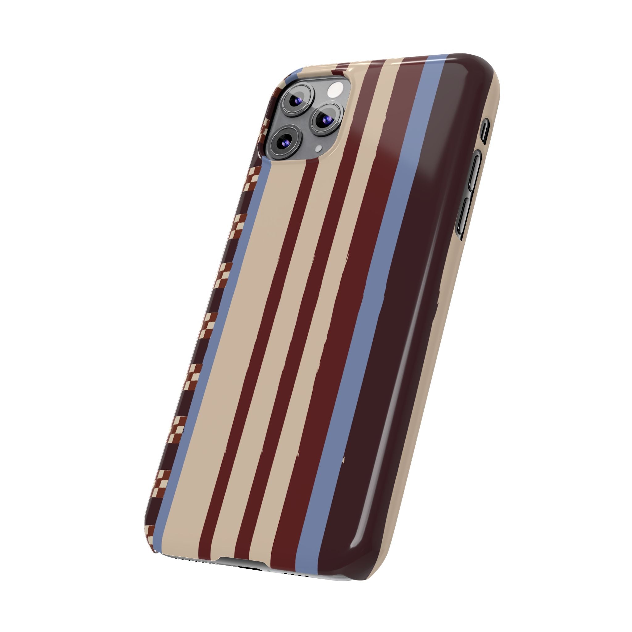 Slim Phone Case — Retro Striped Beige, Maroon & Blue Pattern