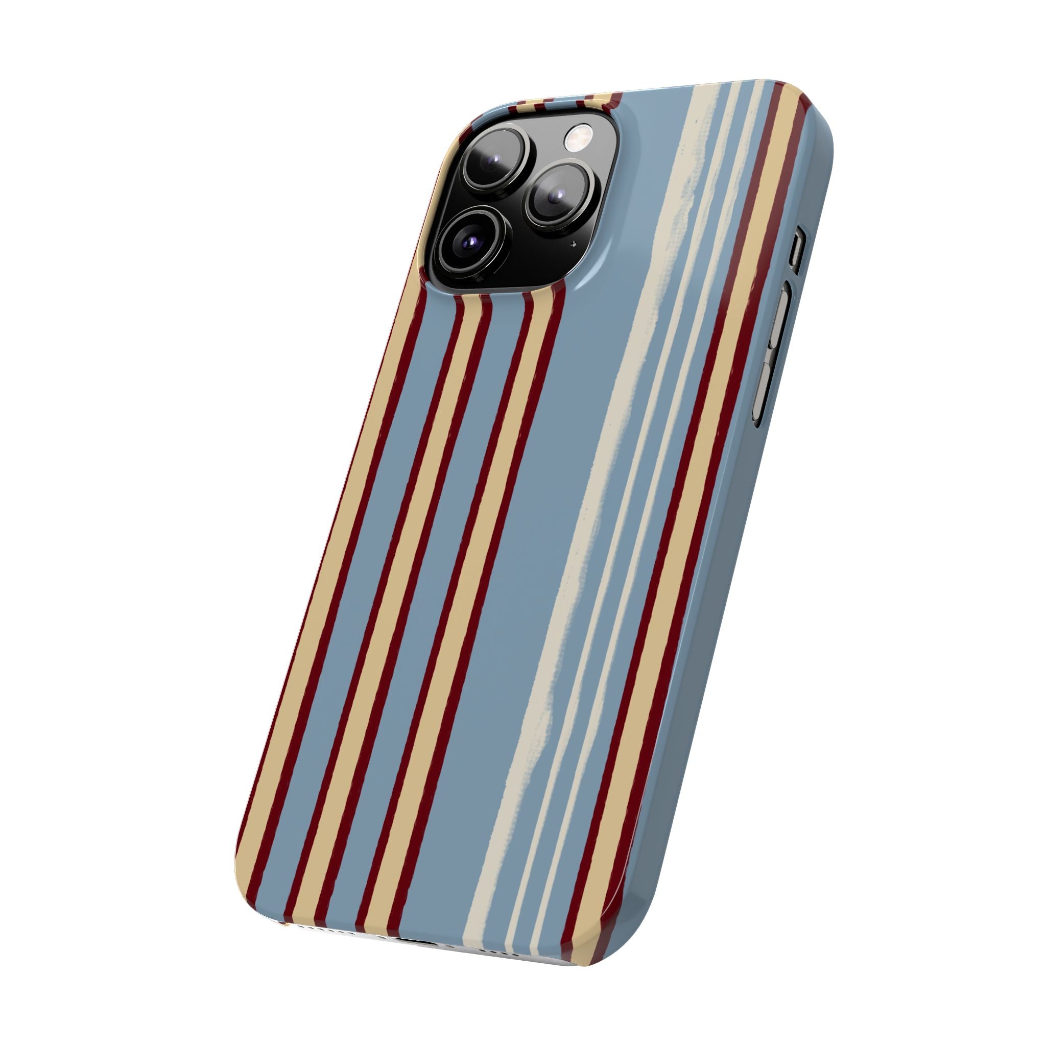 Retro Striped Slim Phone Case — Blue, Cream & Burgundy Vertical Lines