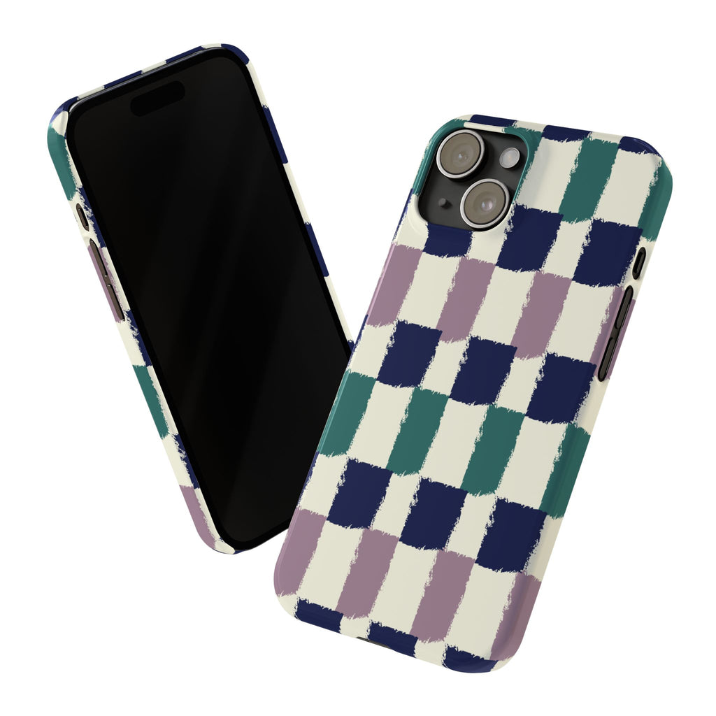 Painterly Check Slim Phone Case — Hand-Painted Navy, Teal & Lavender Grid