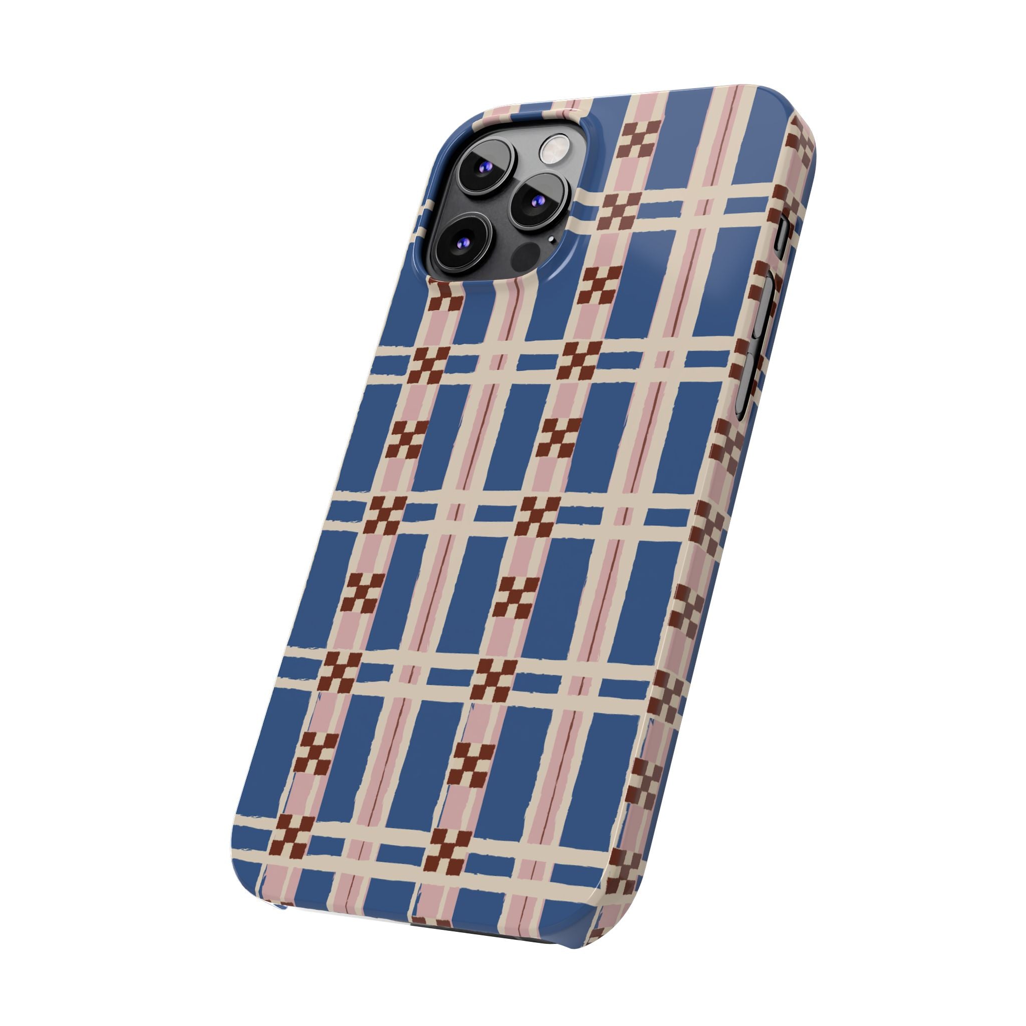 Slim Phone Case — Blue & Pink Retro Plaid Pattern