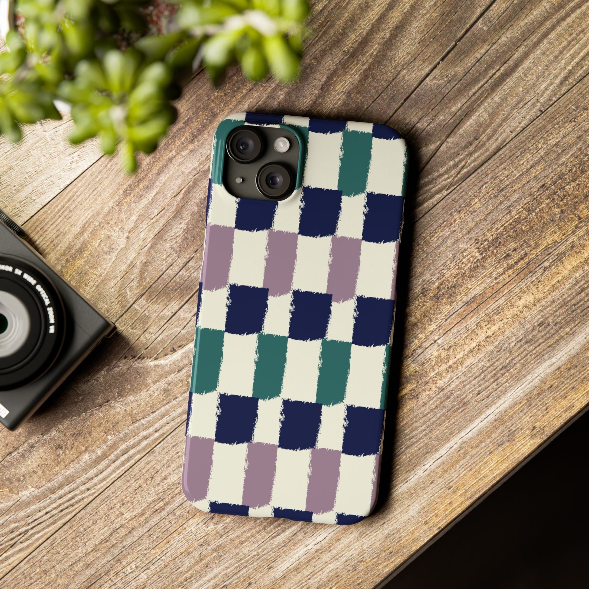 Painterly Check Slim Phone Case — Hand-Painted Navy, Teal & Lavender Grid