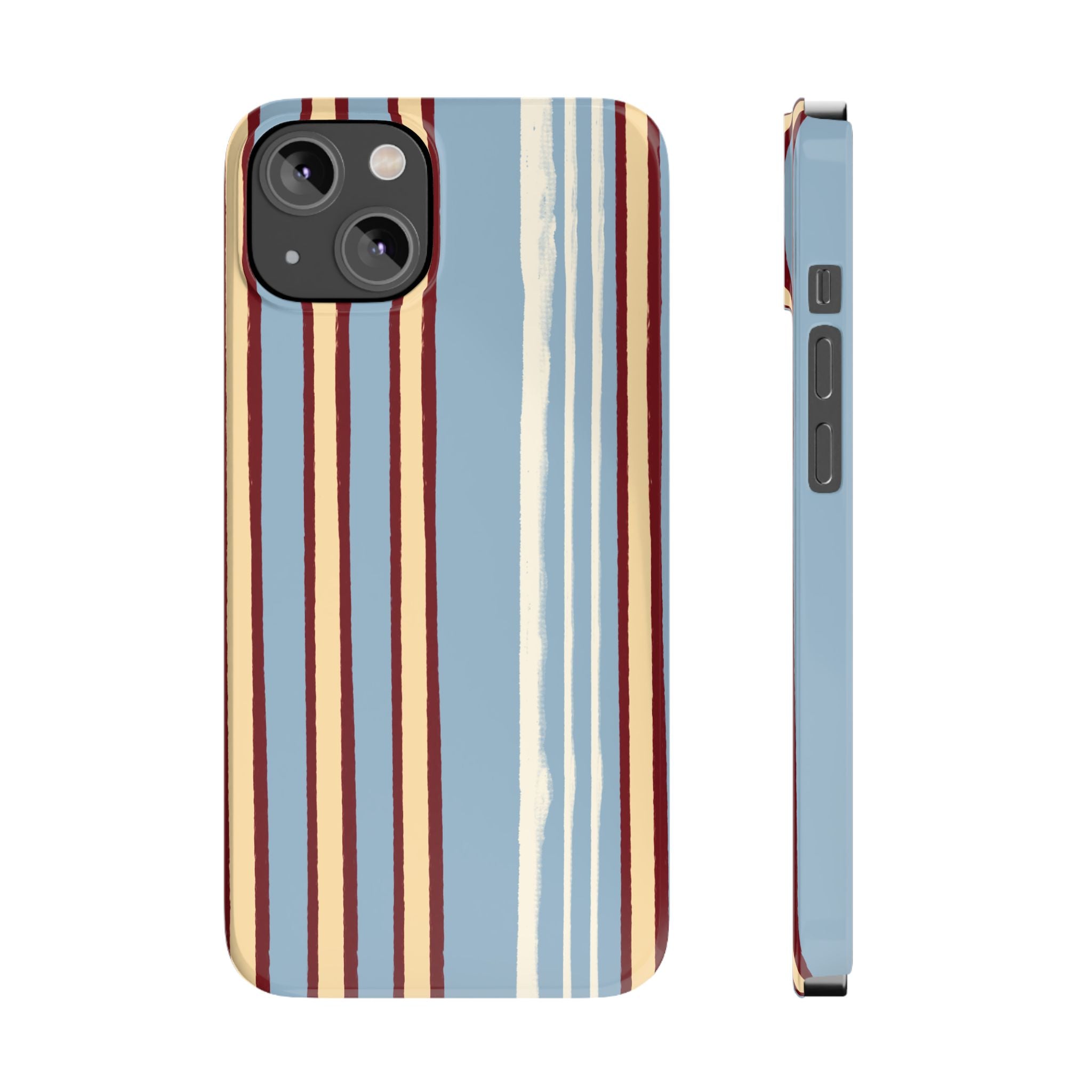 Retro Striped Slim Phone Case — Blue, Cream & Burgundy Vertical Lines