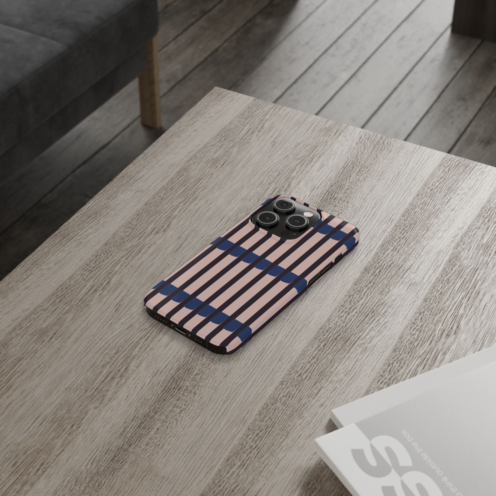 Slim Phone Case — Minimalist Blush & Navy Stripe Pattern