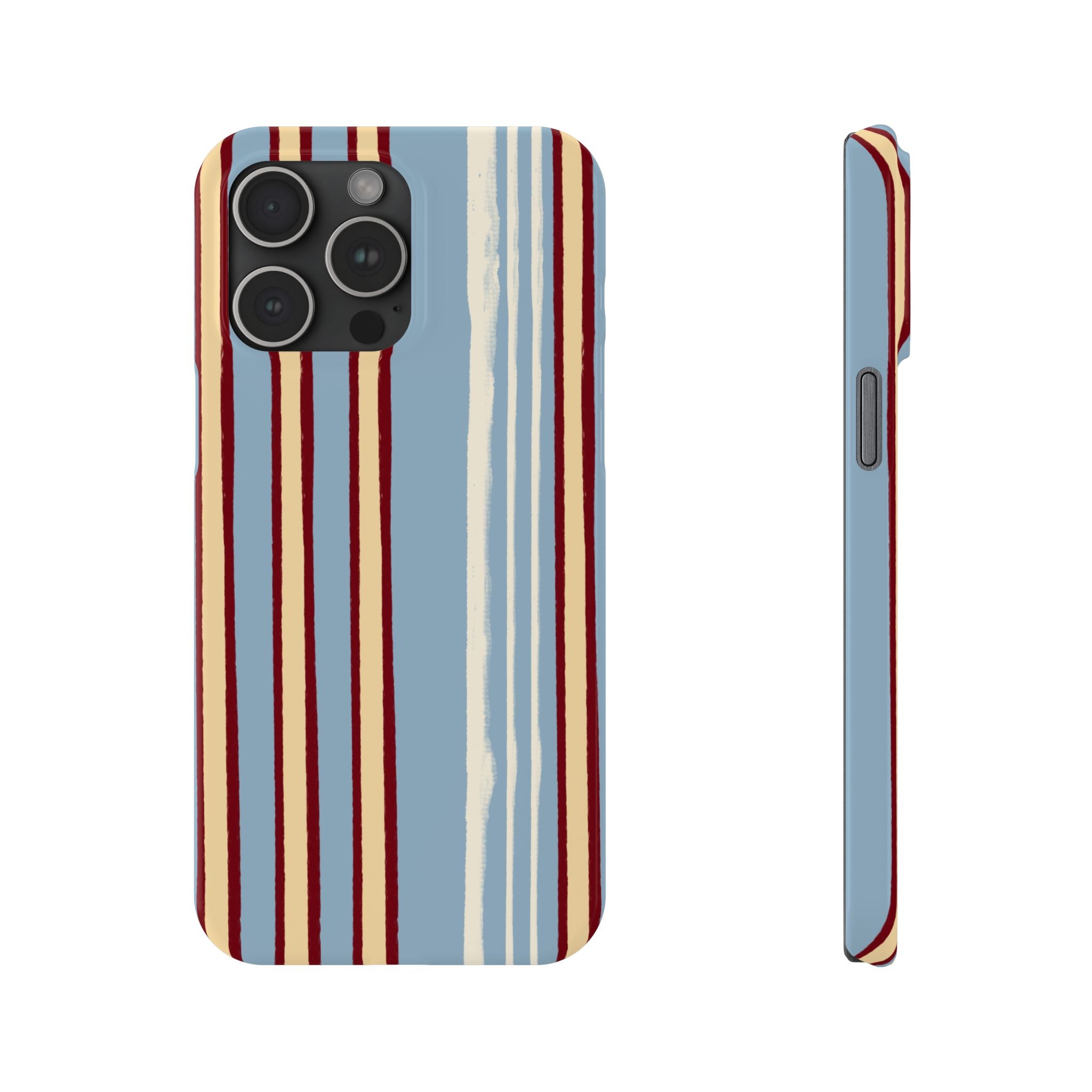 Retro Striped Slim Phone Case — Blue, Cream & Burgundy Vertical Lines