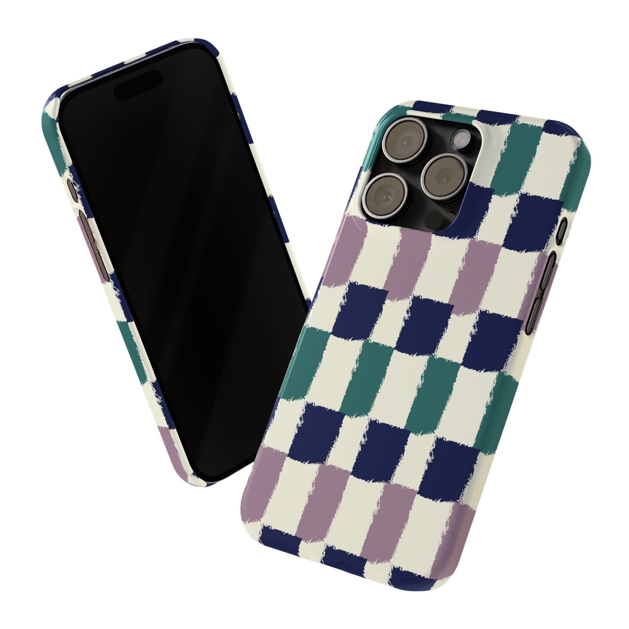 Painterly Check Slim Phone Case — Hand-Painted Navy, Teal & Lavender Grid