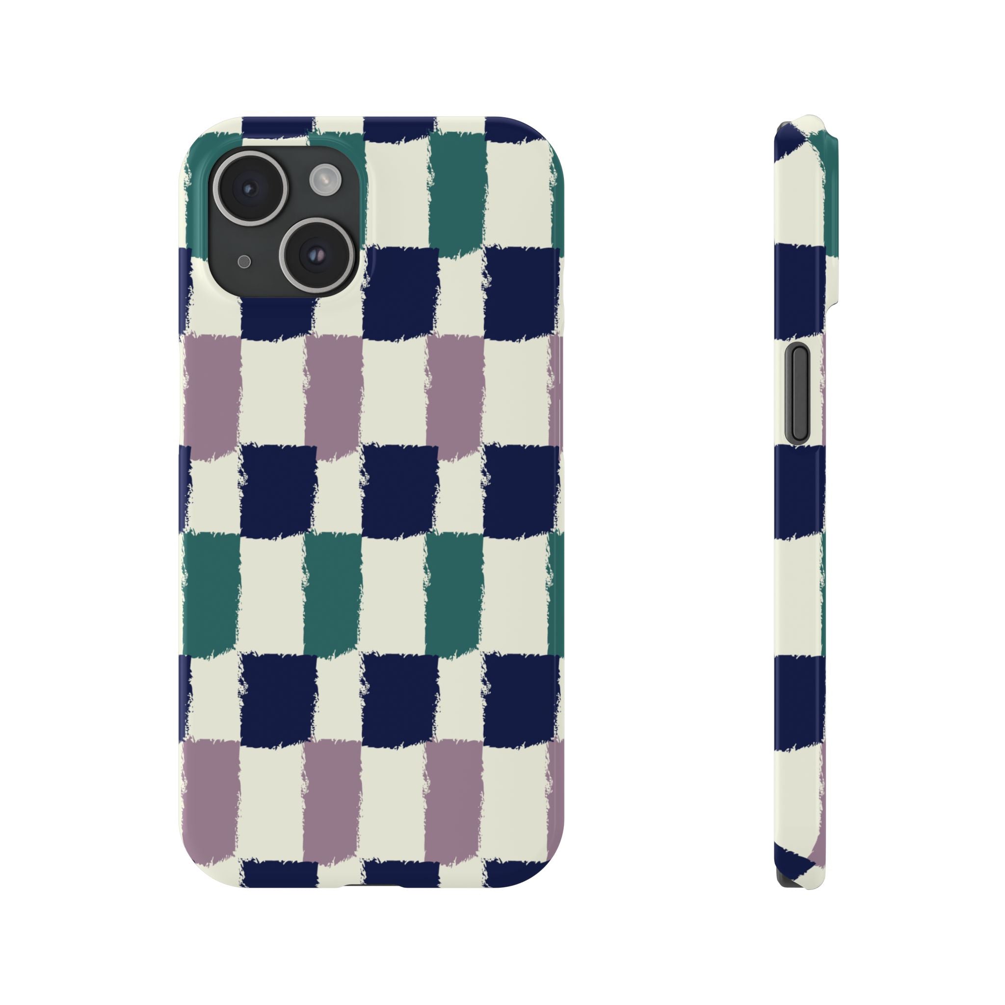 Painterly Check Slim Phone Case — Hand-Painted Navy, Teal & Lavender Grid