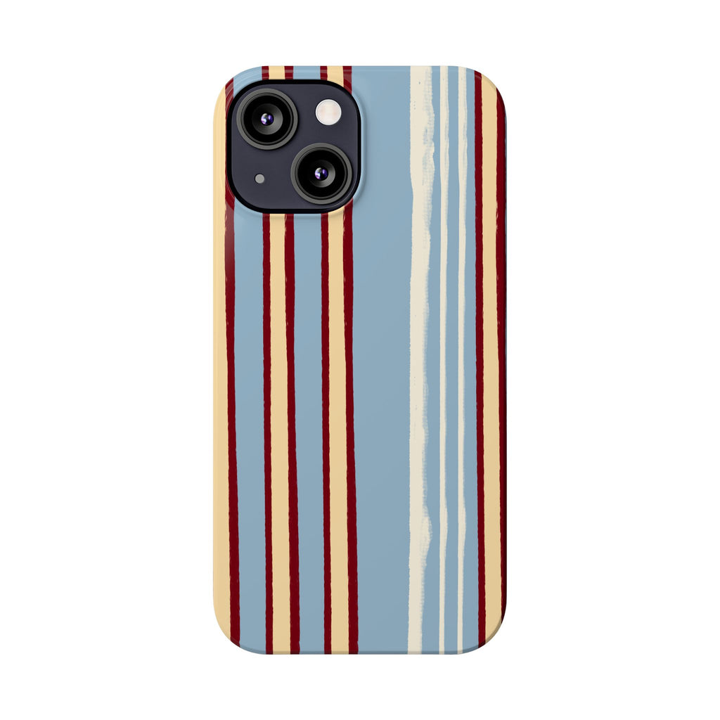 Retro Striped Slim Phone Case — Blue, Cream & Burgundy Vertical Lines