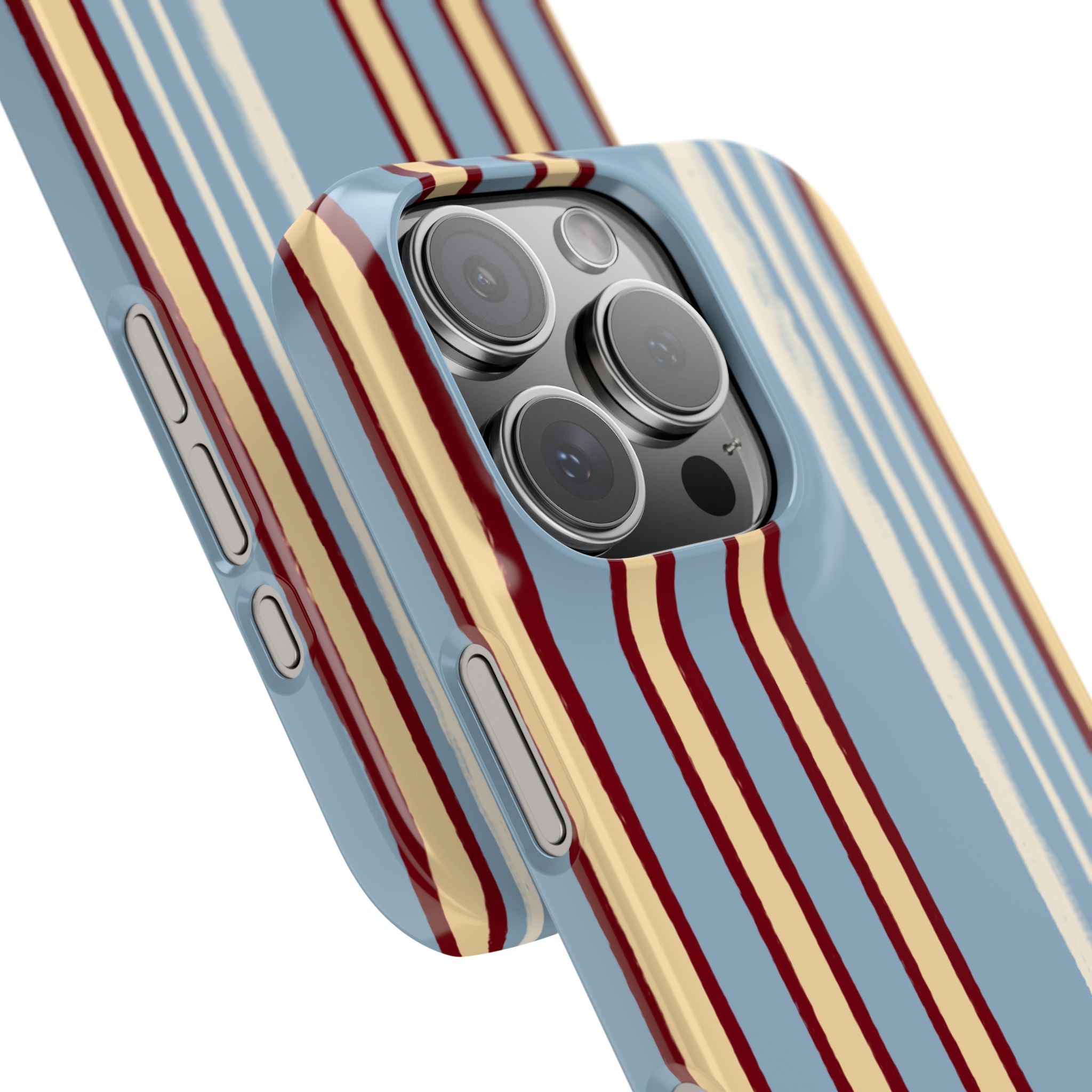 Retro Striped Slim Phone Case — Blue, Cream & Burgundy Vertical Lines