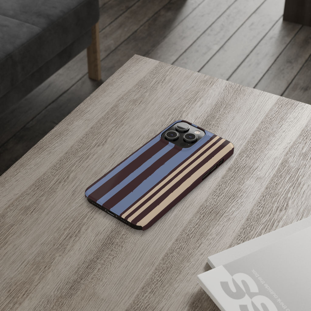 Retro Striped Slim Phone Case — Blue, Brown & Cream Vertical Stripes