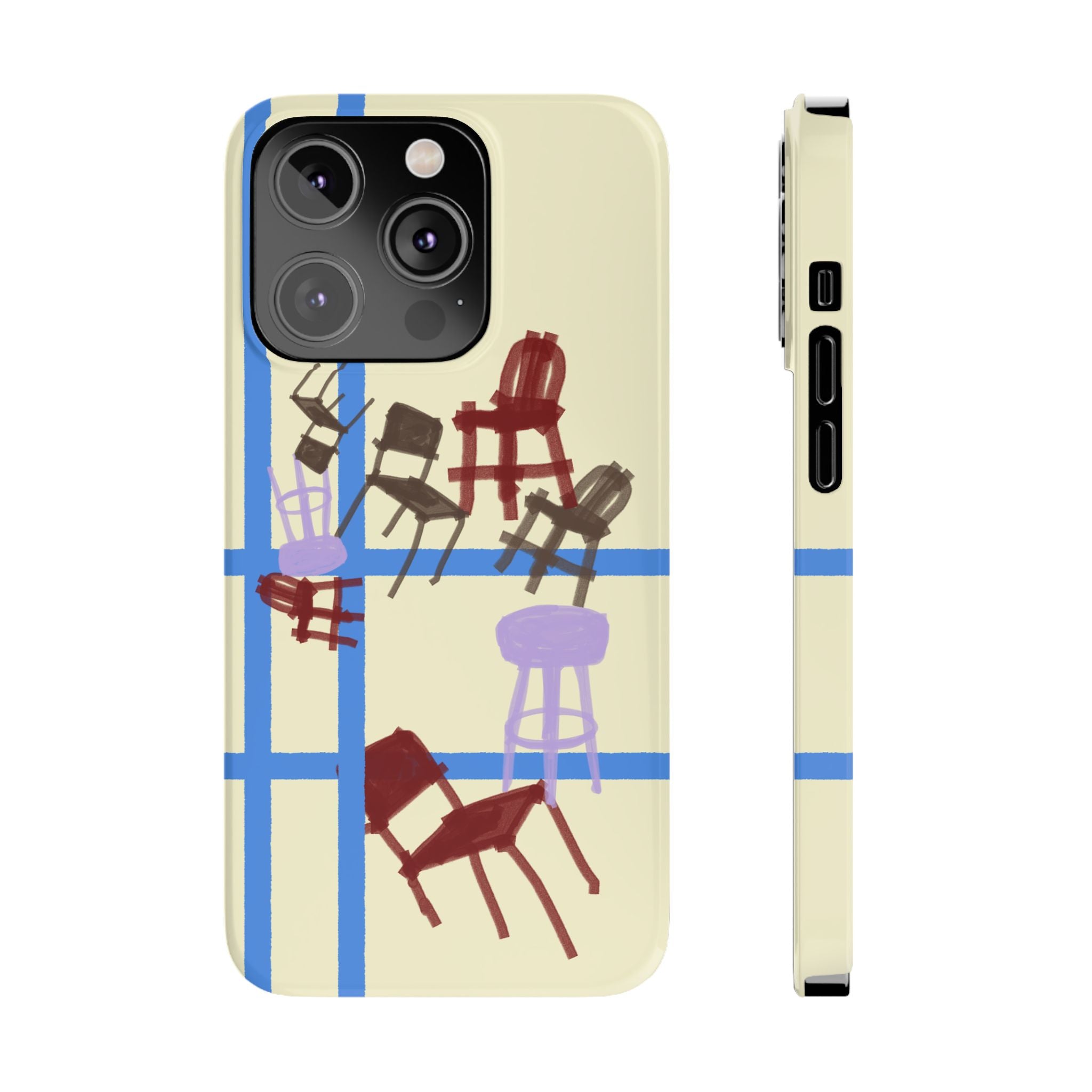 Slim Phone Case — Retro Chairs Pattern on Cream with Blue Grid Backroom-Inspired