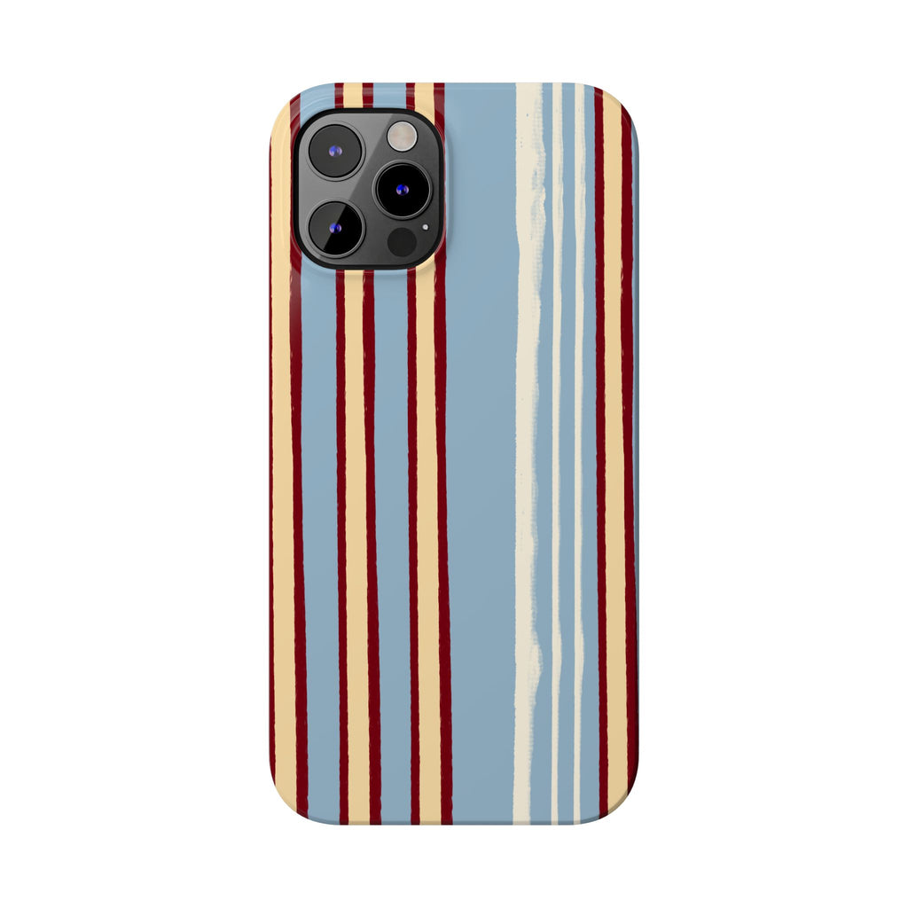 Retro Striped Slim Phone Case — Blue, Cream & Burgundy Vertical Lines