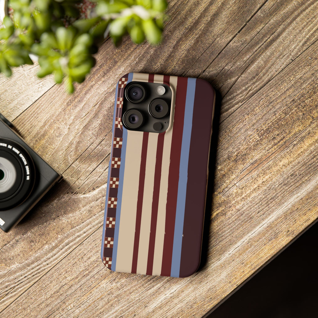 Slim Phone Case — Retro Striped Beige, Maroon & Blue Pattern