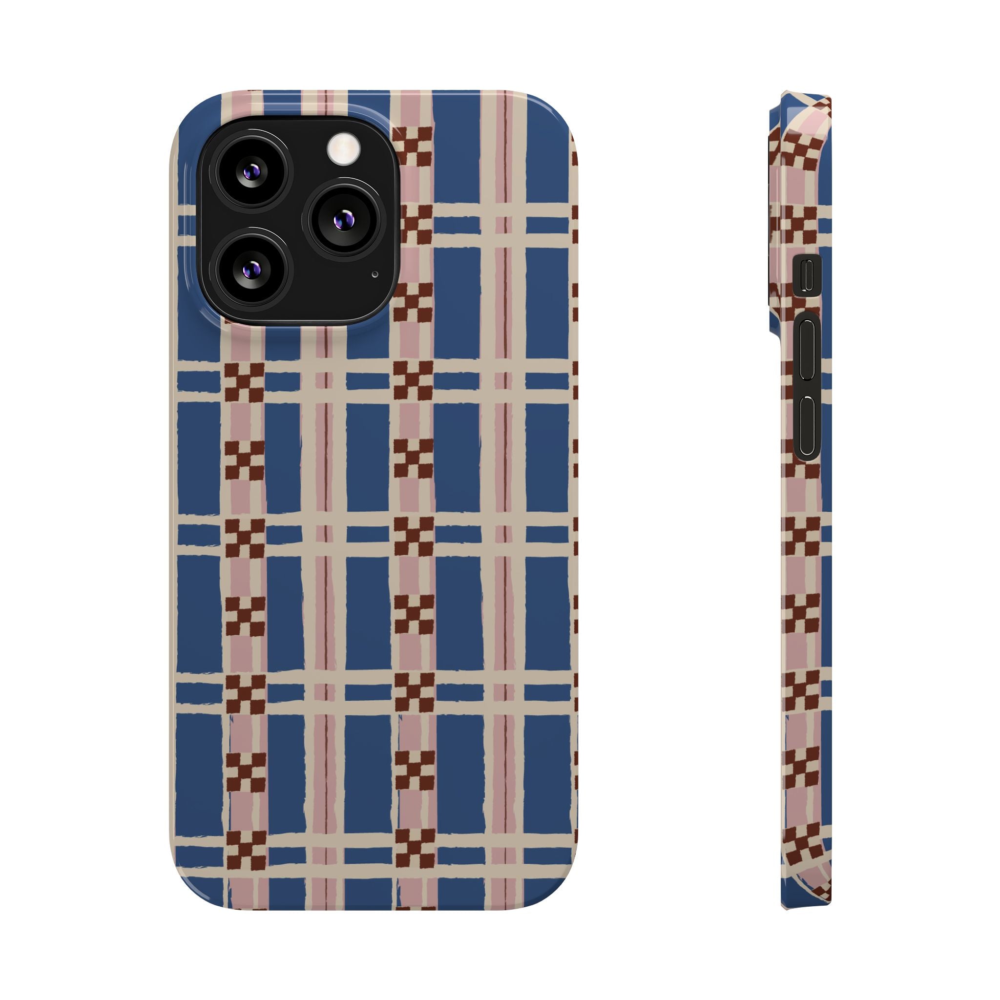 Slim Phone Case — Blue & Pink Retro Plaid Pattern