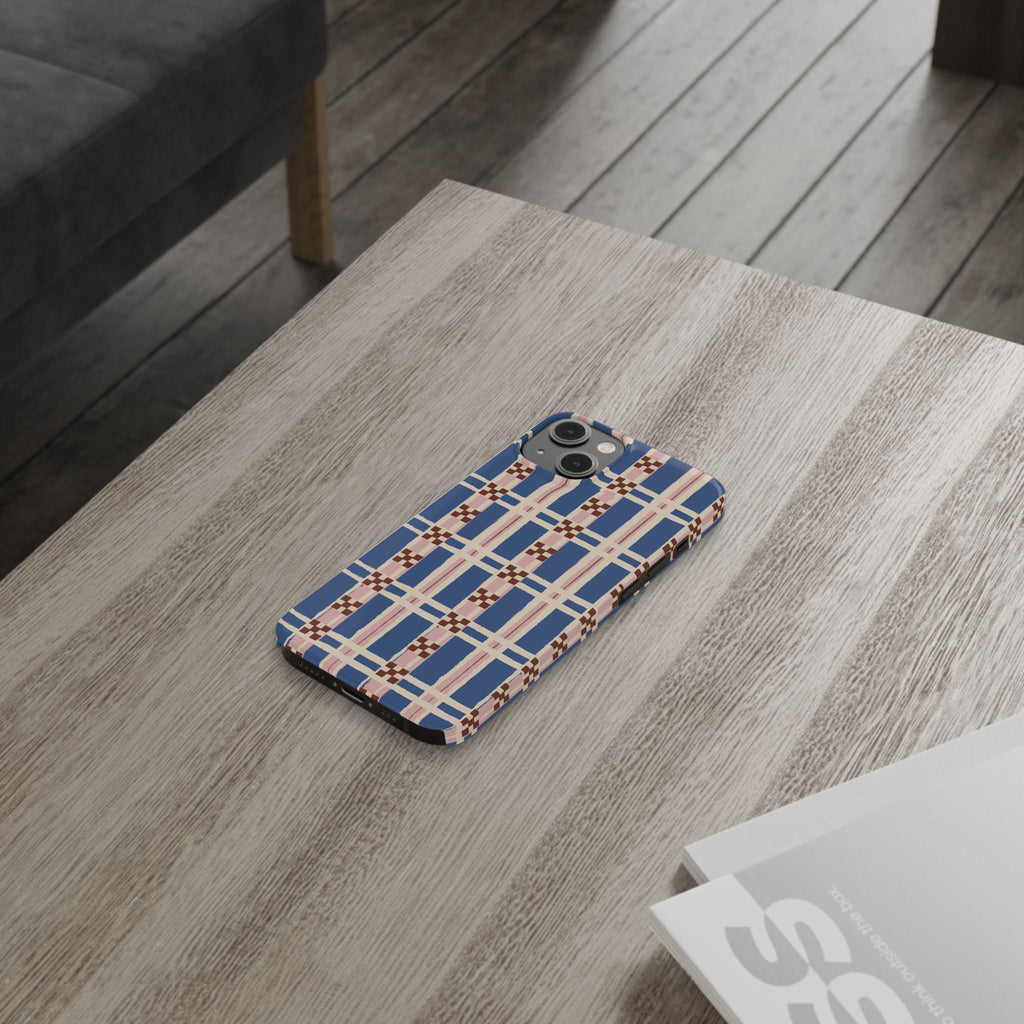 Slim Phone Case — Blue & Pink Retro Plaid Pattern
