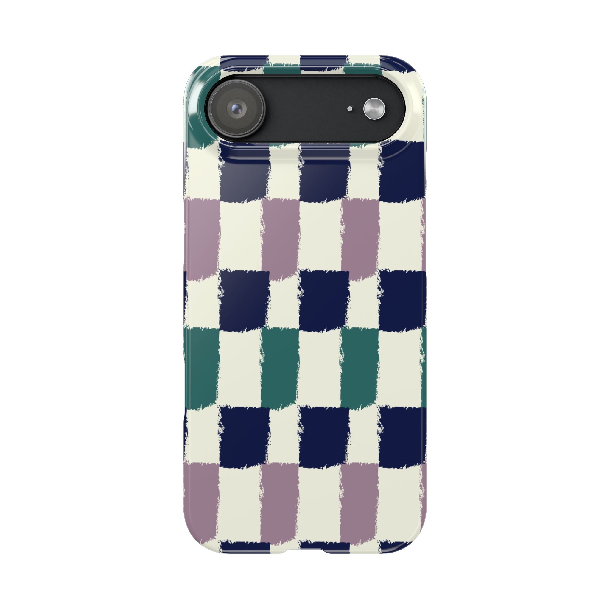 Painterly Check Slim Phone Case — Hand-Painted Navy, Teal & Lavender Grid