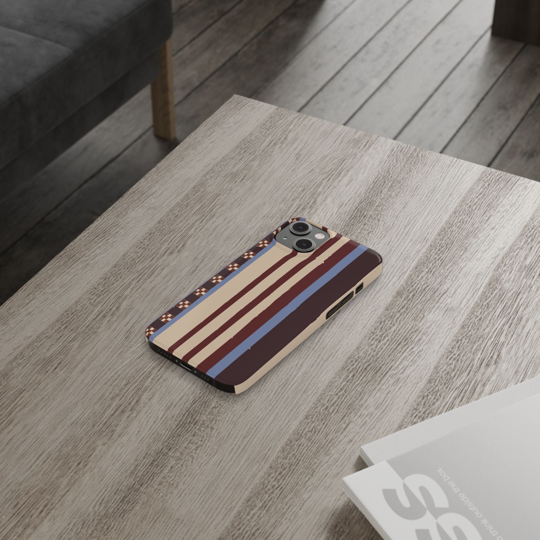 Slim Phone Case — Retro Striped Beige, Maroon & Blue Pattern