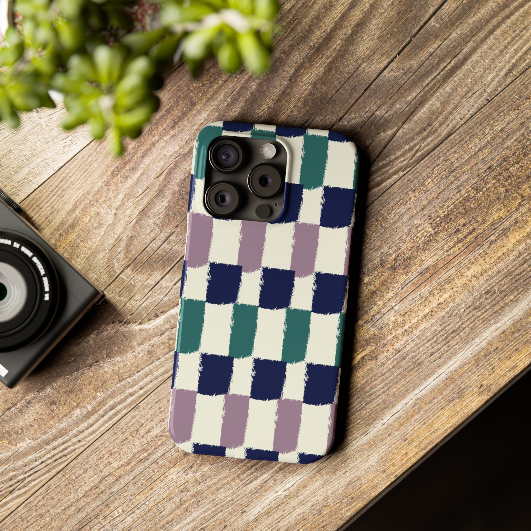 Painterly Check Slim Phone Case — Hand-Painted Navy, Teal & Lavender Grid