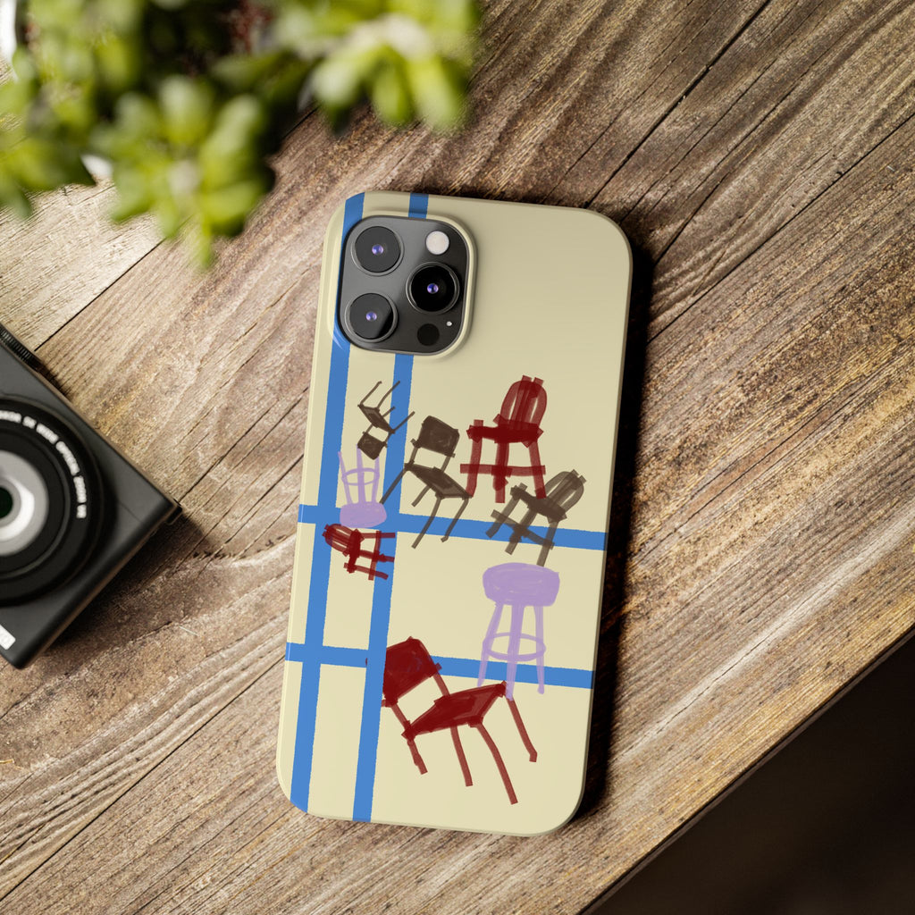 Slim Phone Case — Retro Chairs Pattern on Cream with Blue Grid Backroom-Inspired