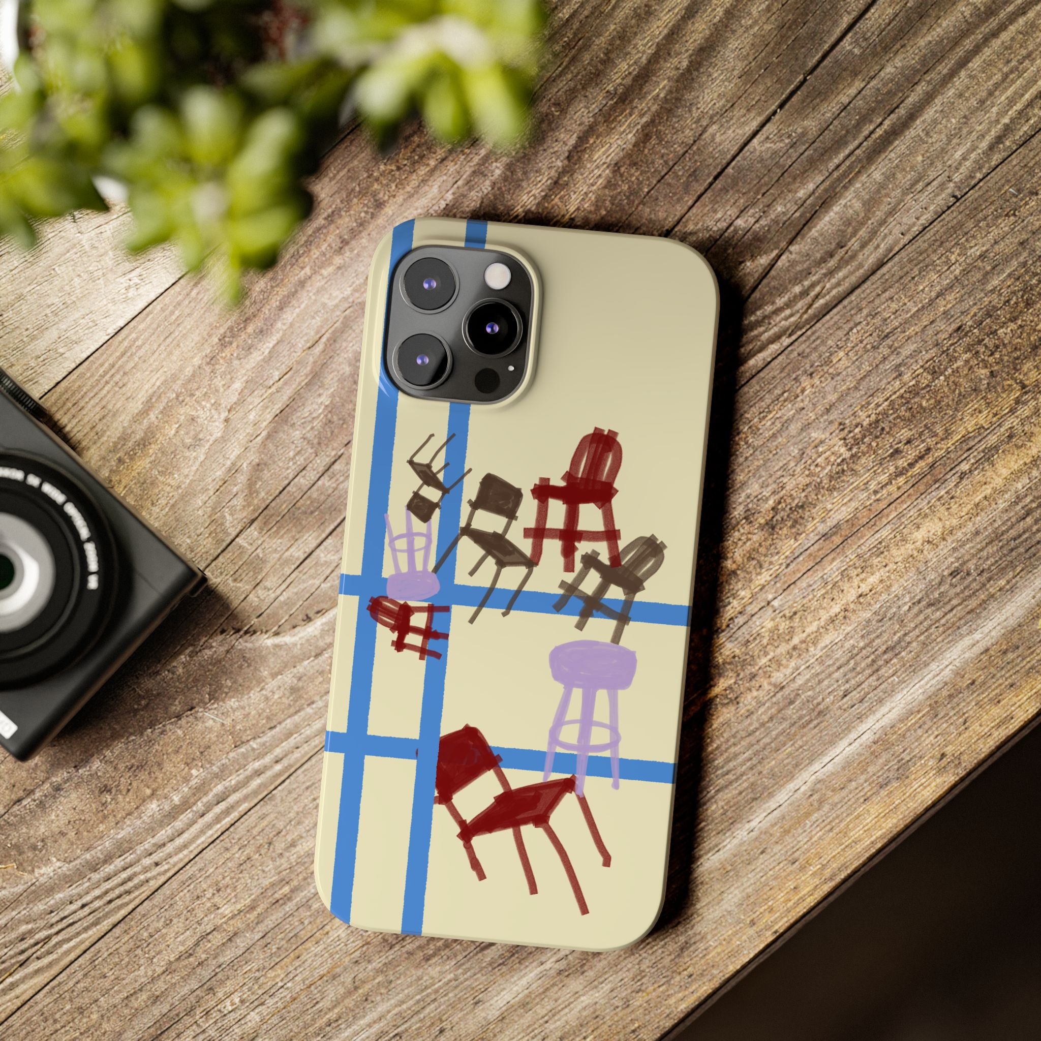 Slim Phone Case — Retro Chairs Pattern on Cream with Blue Grid Backroom-Inspired