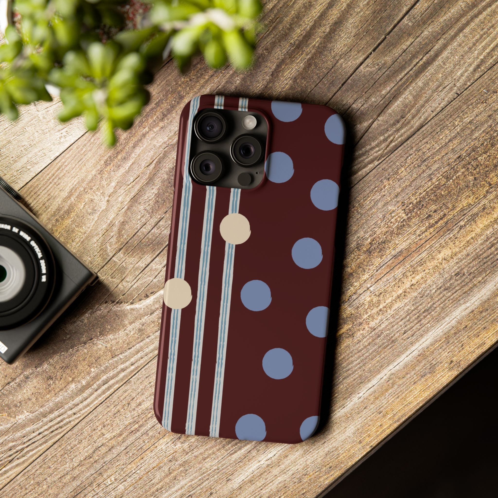 Polka Dot & Stripe Slim Phone Case — Burgundy Blue Retro Pattern