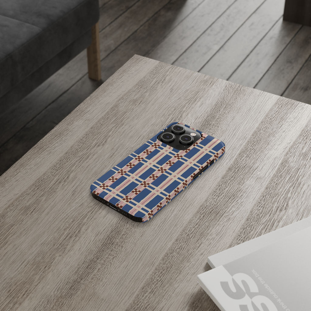 Slim Phone Case — Blue & Pink Retro Plaid Pattern