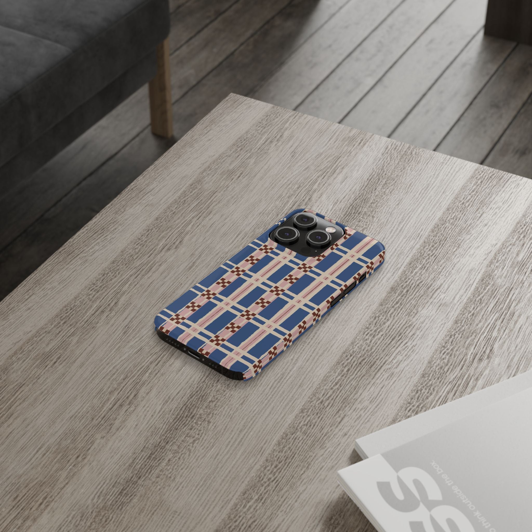 Slim Phone Case — Blue & Pink Retro Plaid Pattern