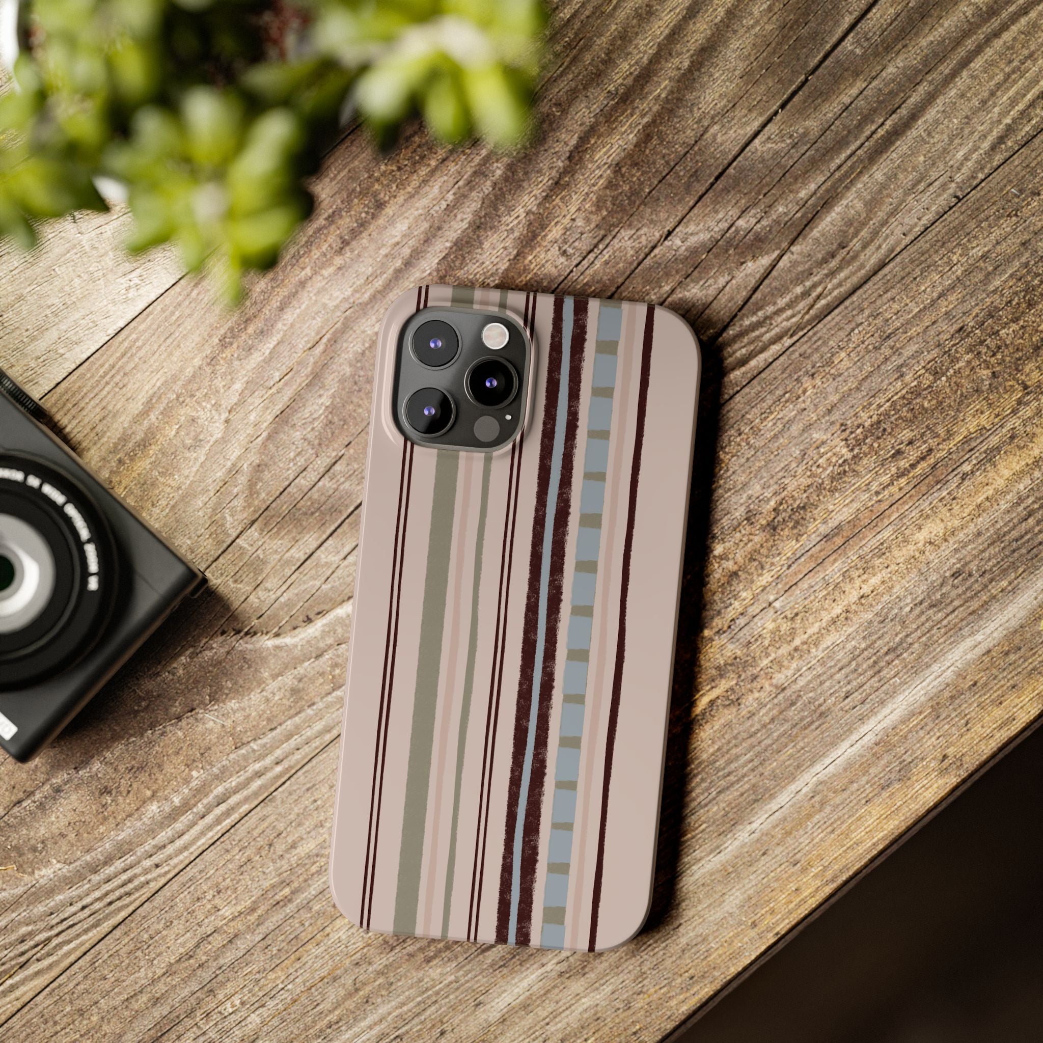 Slim Phone Case — Vintage Striped Pattern, Neutral Earthtone Protective Cover