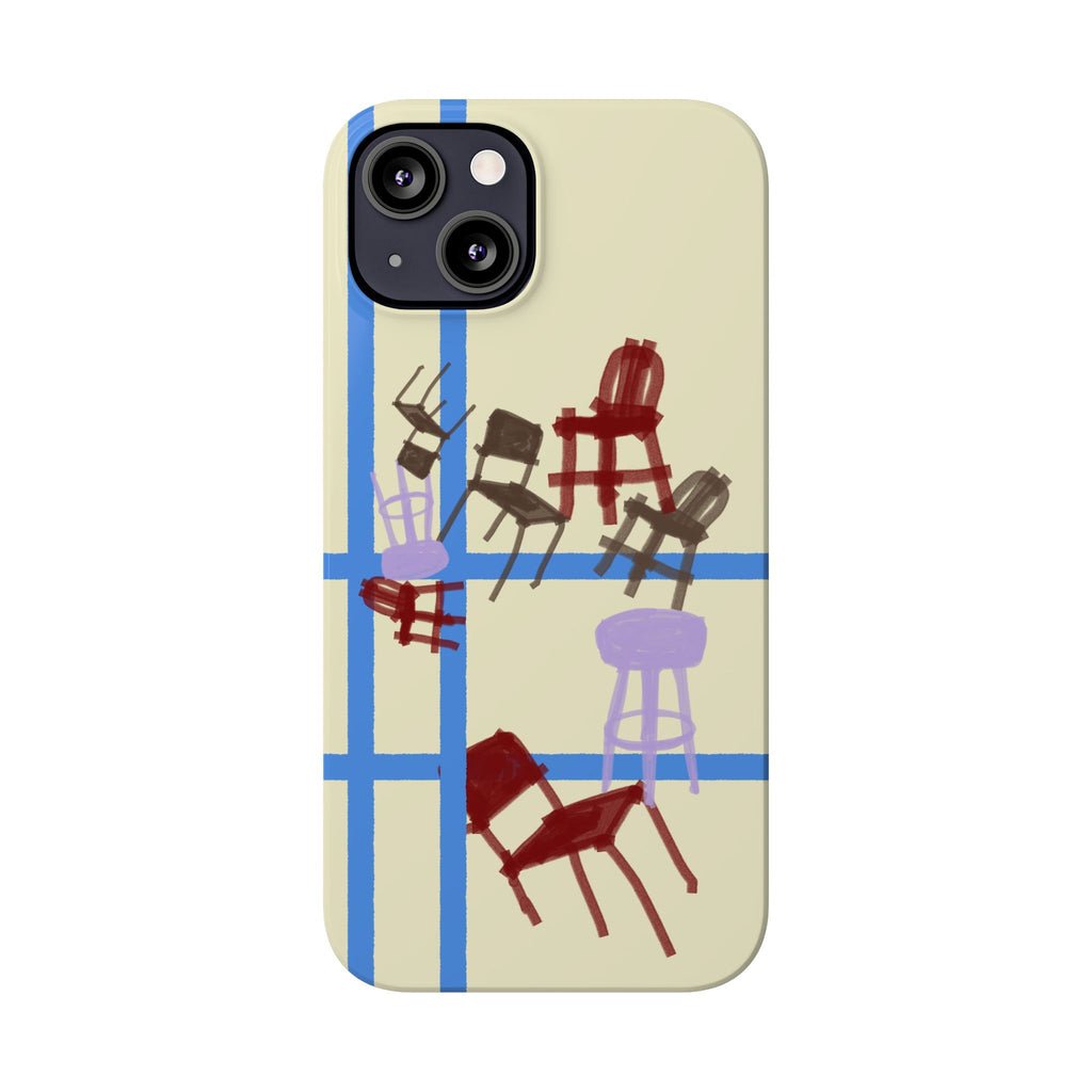Slim Phone Case — Retro Chairs Pattern on Cream with Blue Grid Backroom-Inspired