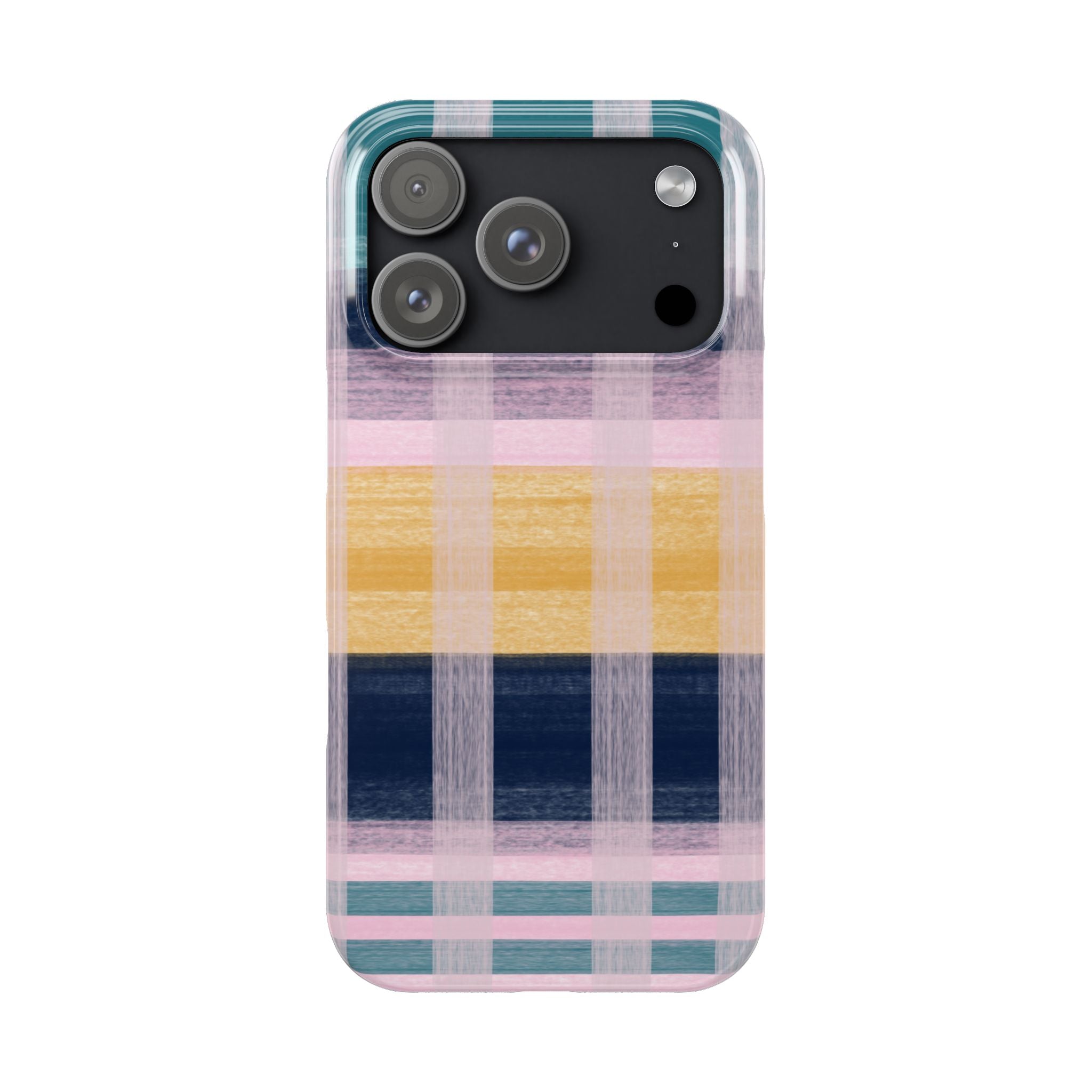 Plaid Brushstroke Slim Phone Case — Pastel Teal, Pink & Yellow Protective Cover SATC Inspired