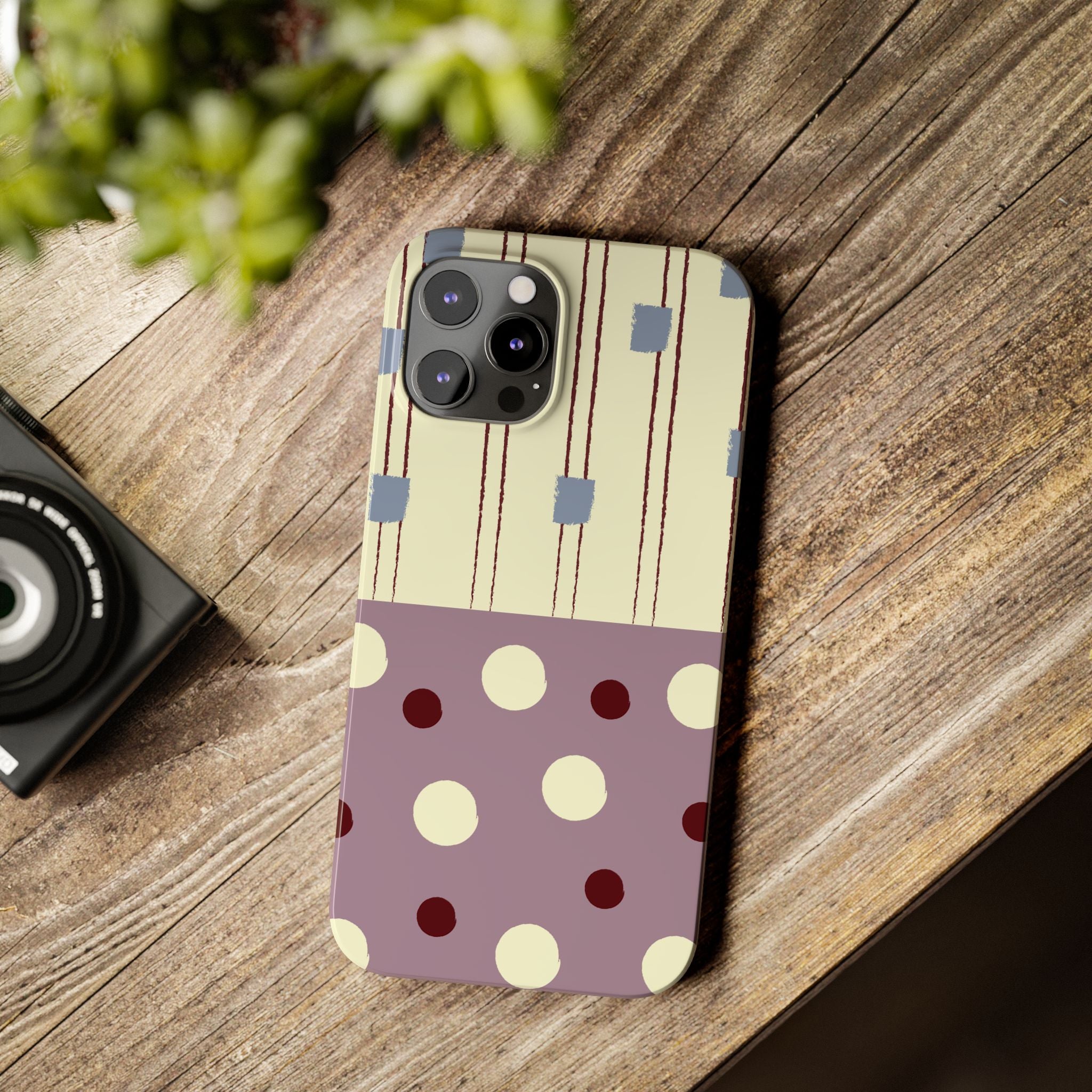Slim Phone Case — Retro Polka Dot & Stripes Design, Lavender Plum