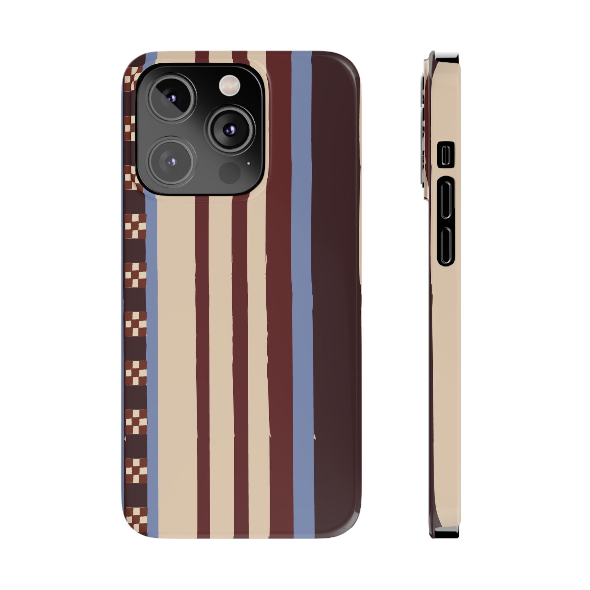 Slim Phone Case — Retro Striped Beige, Maroon & Blue Pattern