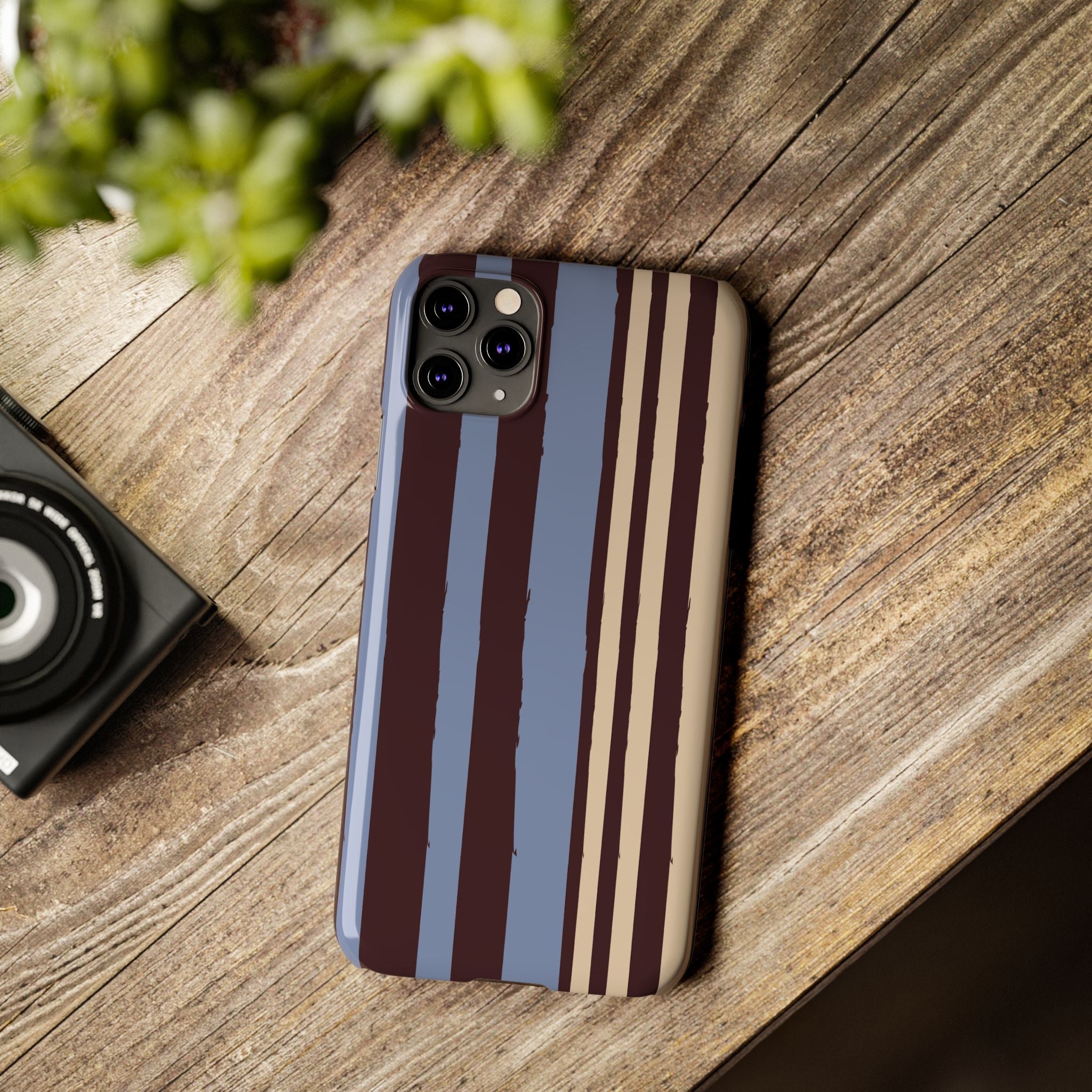 Retro Striped Slim Phone Case — Blue, Brown & Cream Vertical Stripes