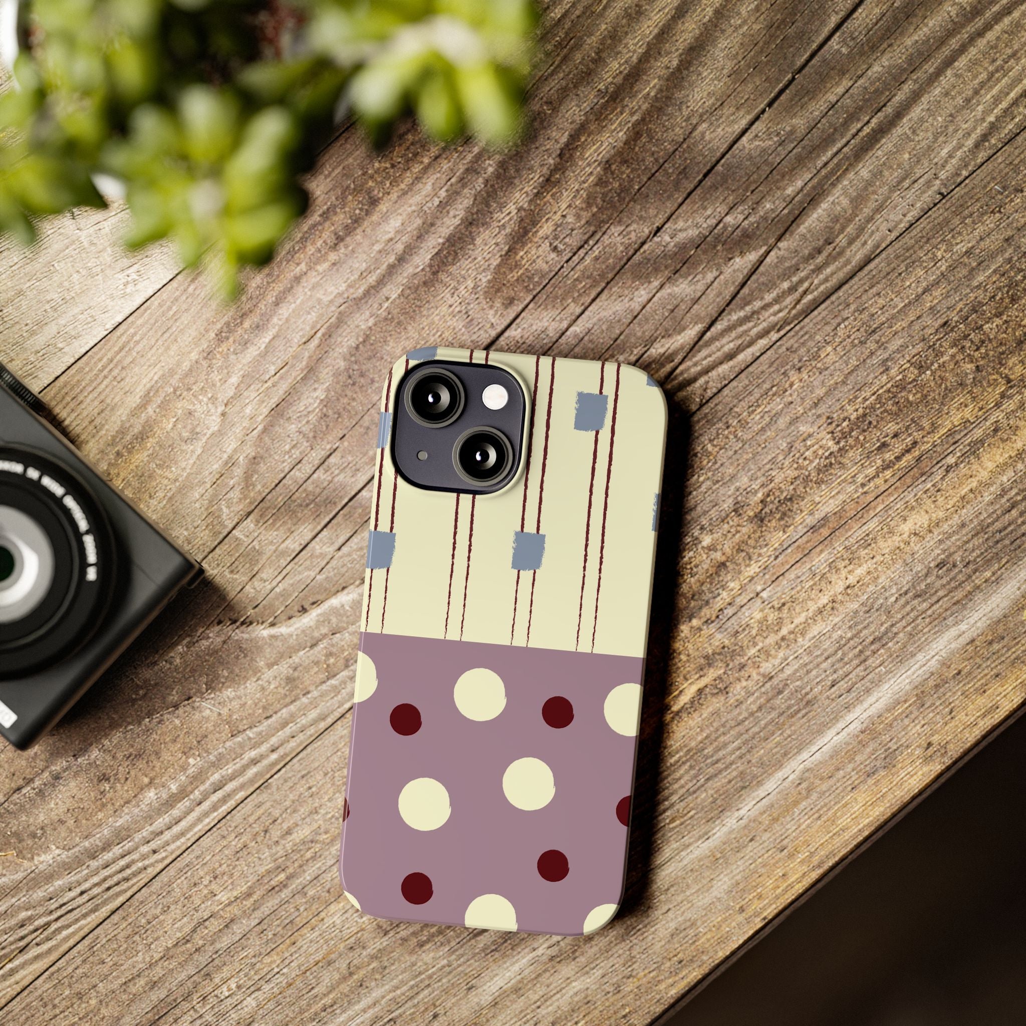 Slim Phone Case — Retro Polka Dot & Stripes Design, Lavender Plum