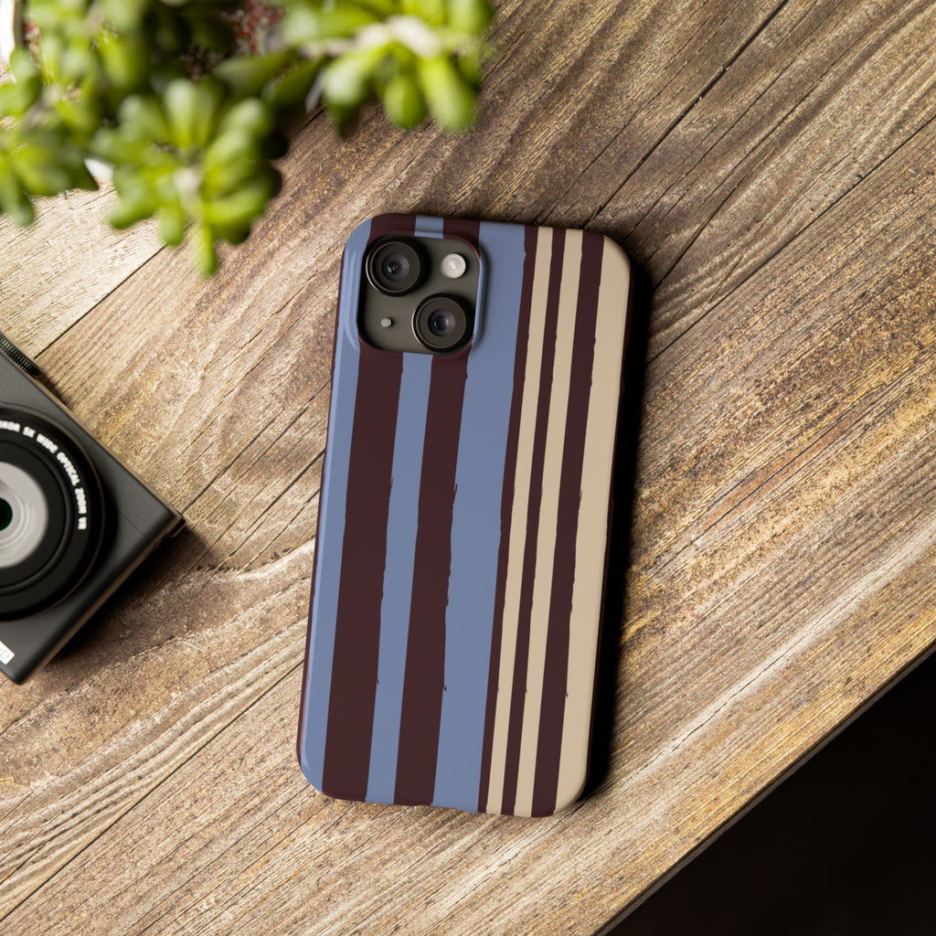 Retro Striped Slim Phone Case — Blue, Brown & Cream Vertical Stripes