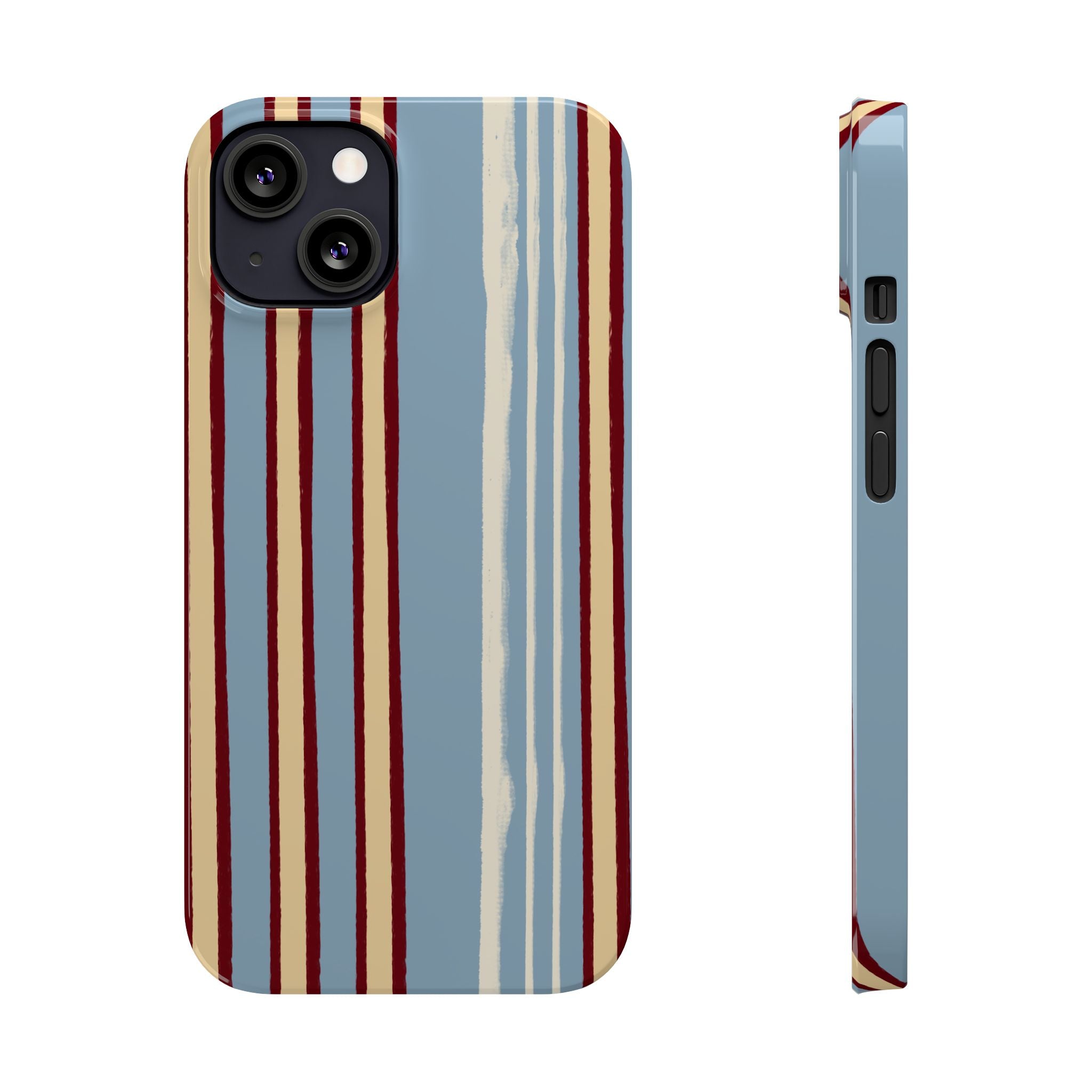 Retro Striped Slim Phone Case — Blue, Cream & Burgundy Vertical Lines