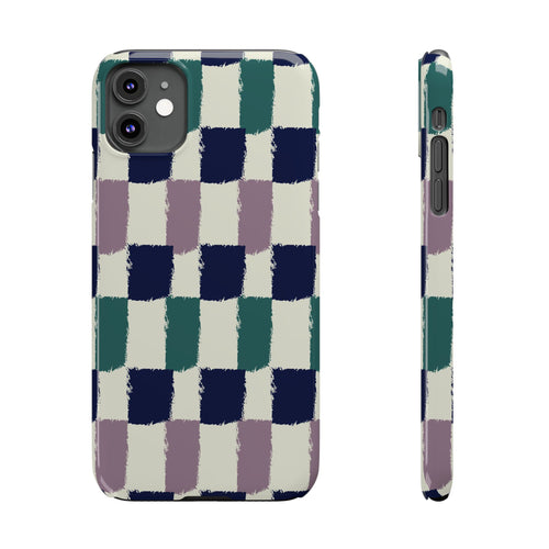 Painterly Check Slim Phone Case — Hand-Painted Navy, Teal & Lavender Grid