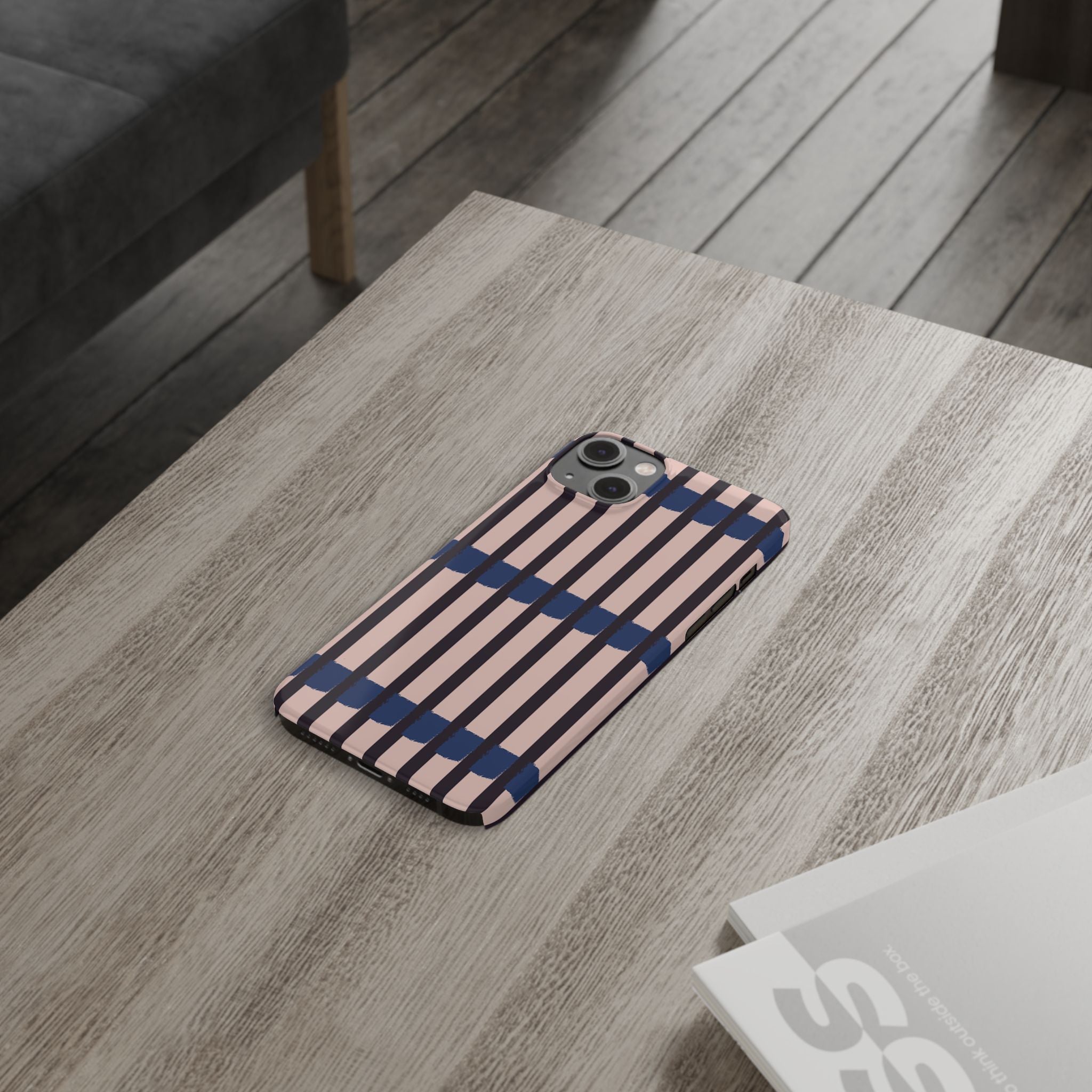 Slim Phone Case — Minimalist Blush & Navy Stripe Pattern