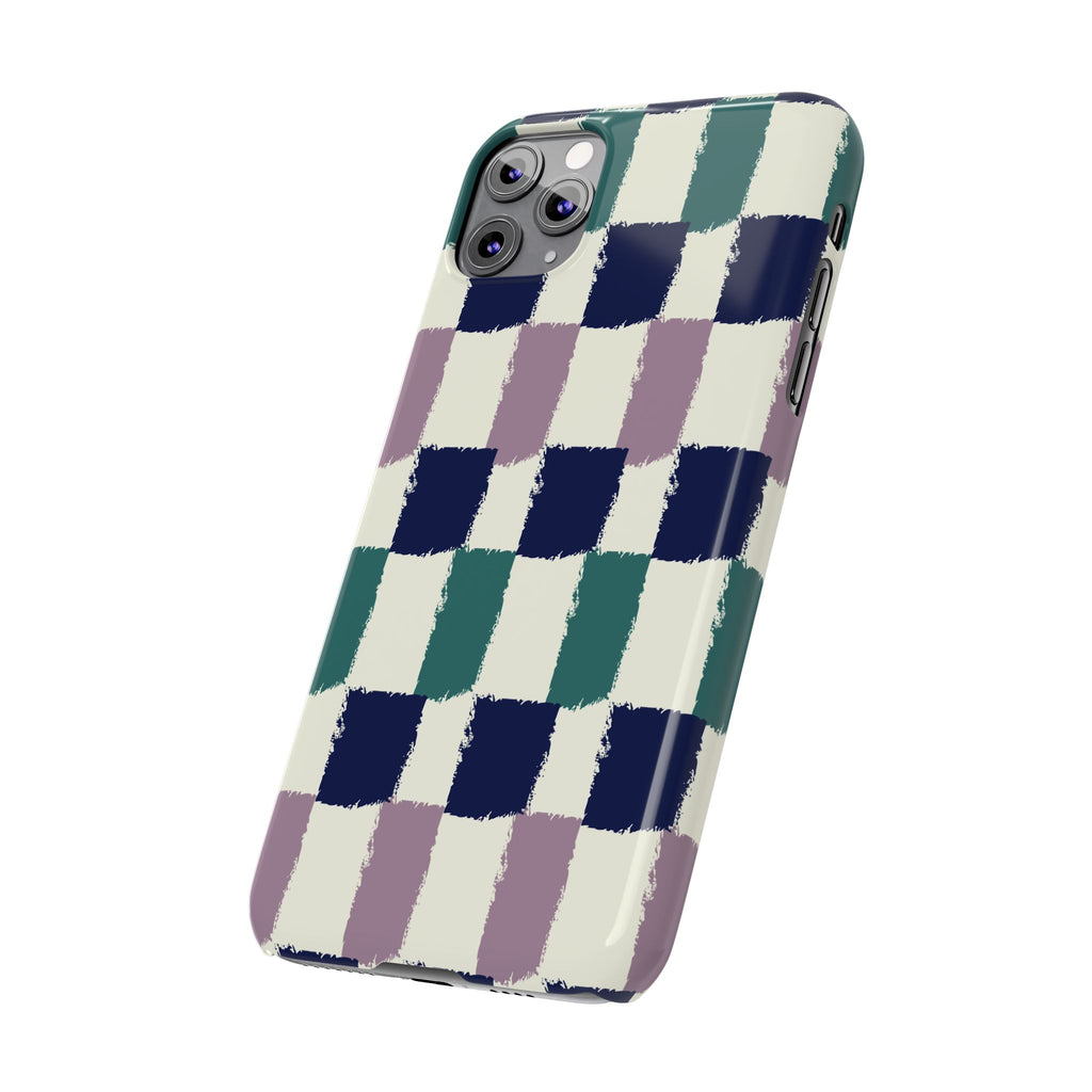 Painterly Check Slim Phone Case — Hand-Painted Navy, Teal & Lavender Grid