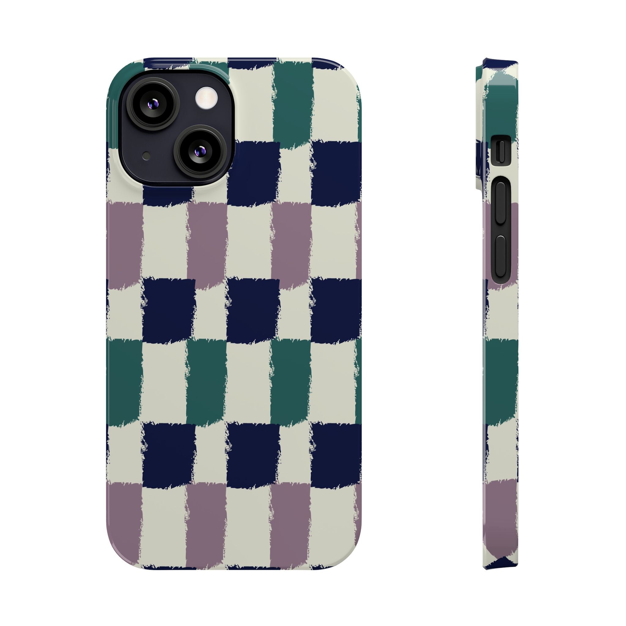 Painterly Check Slim Phone Case — Hand-Painted Navy, Teal & Lavender Grid