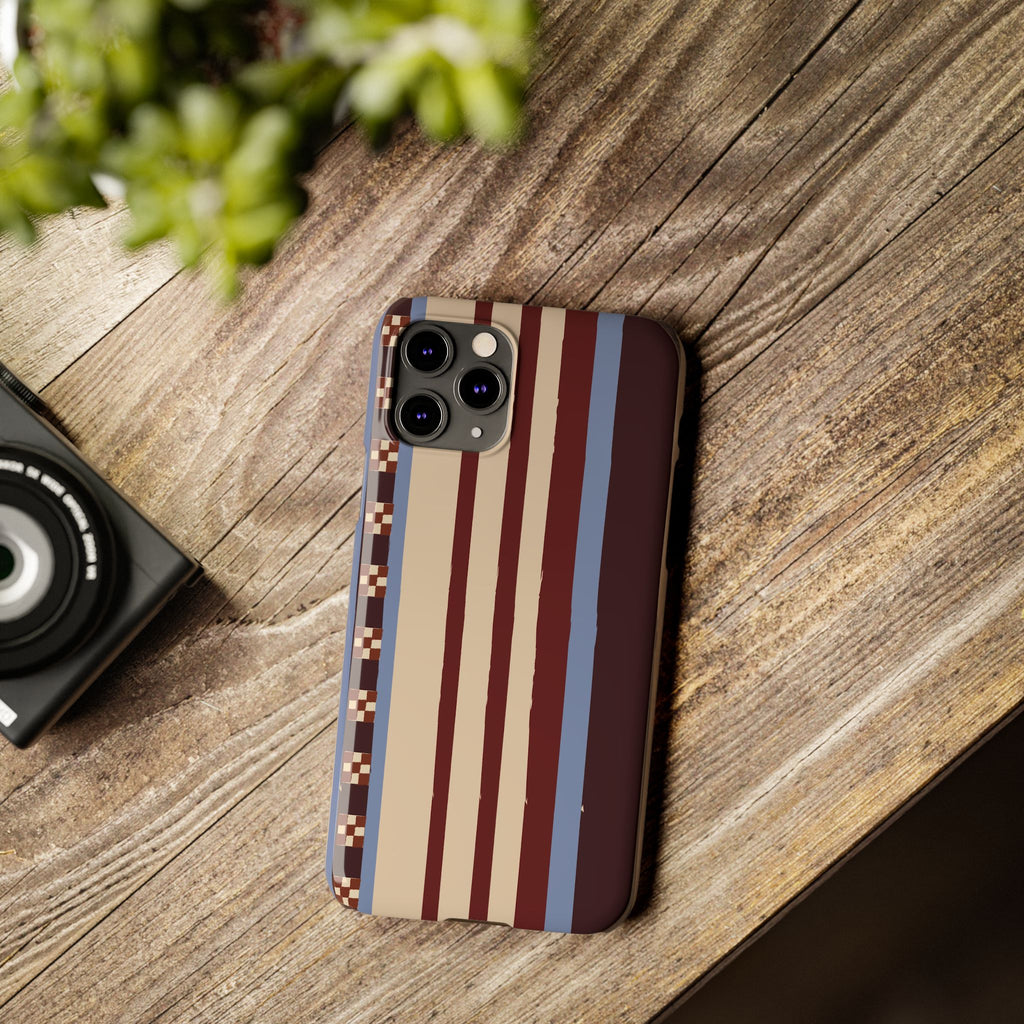 Slim Phone Case — Retro Striped Beige, Maroon & Blue Pattern