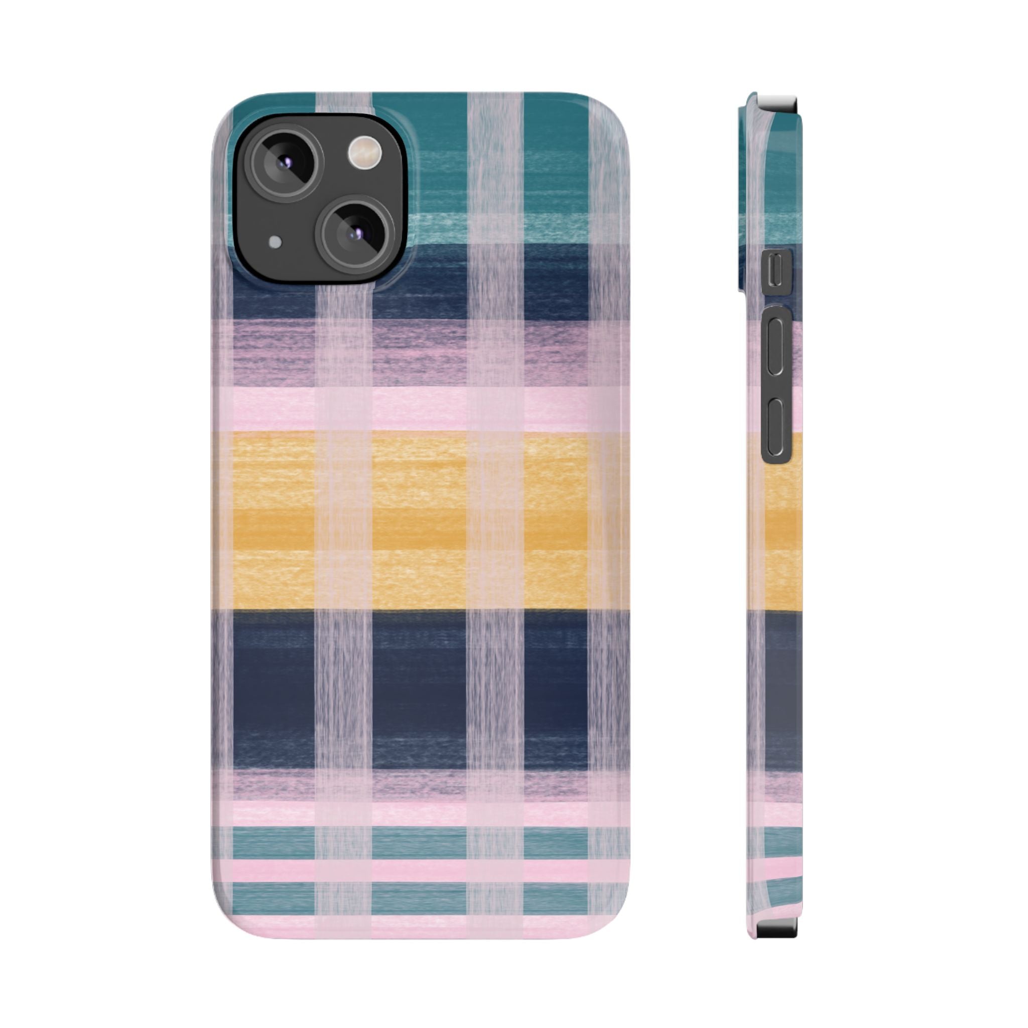 Plaid Brushstroke Slim Phone Case — Pastel Teal, Pink & Yellow Protective Cover SATC Inspired