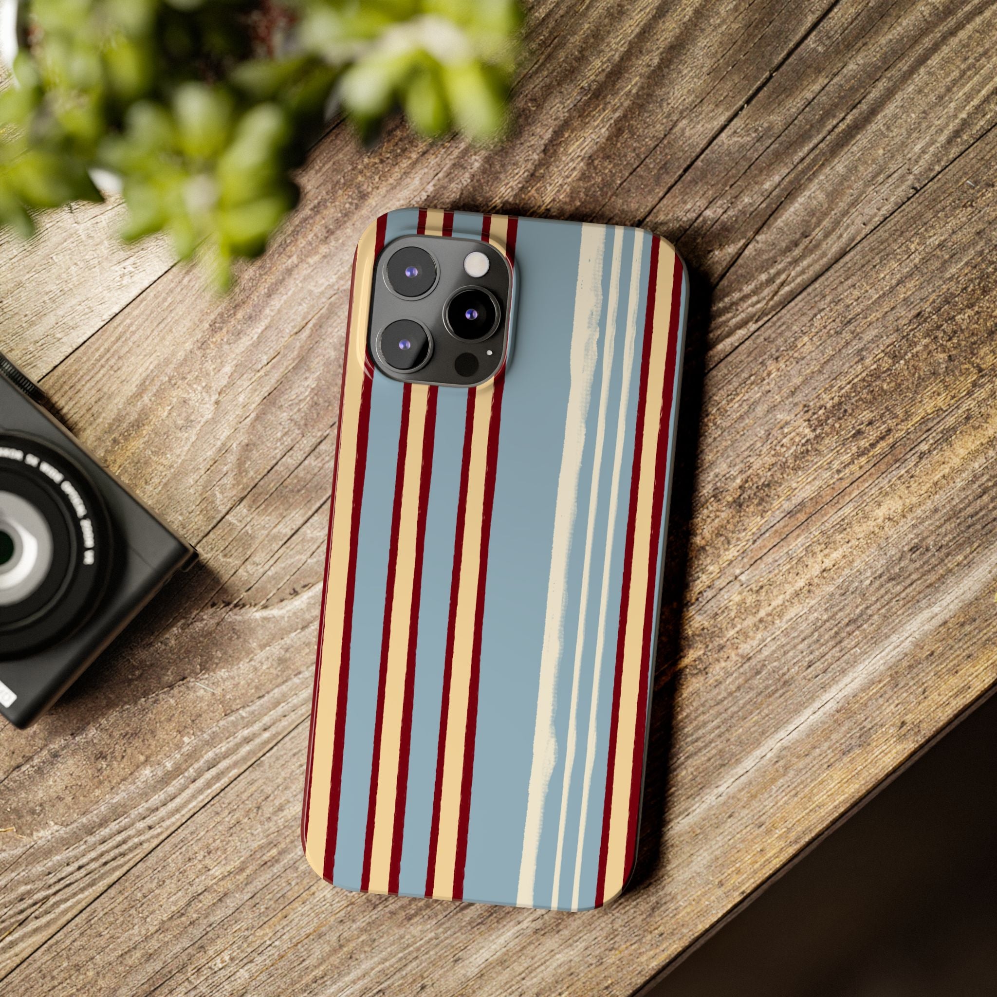 Retro Striped Slim Phone Case — Blue, Cream & Burgundy Vertical Lines