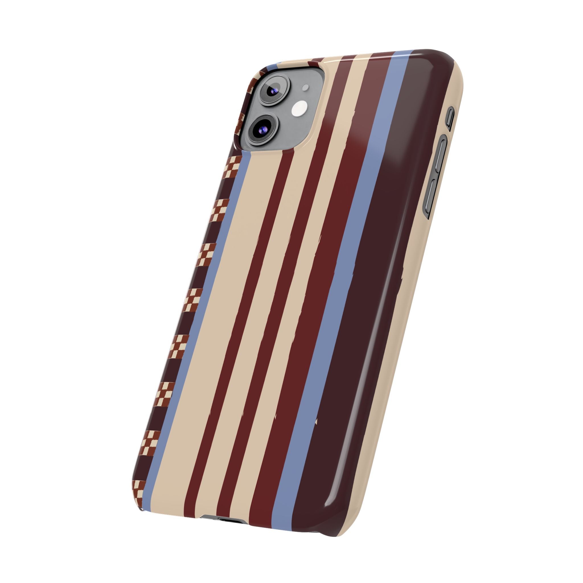 Slim Phone Case — Retro Striped Beige, Maroon & Blue Pattern