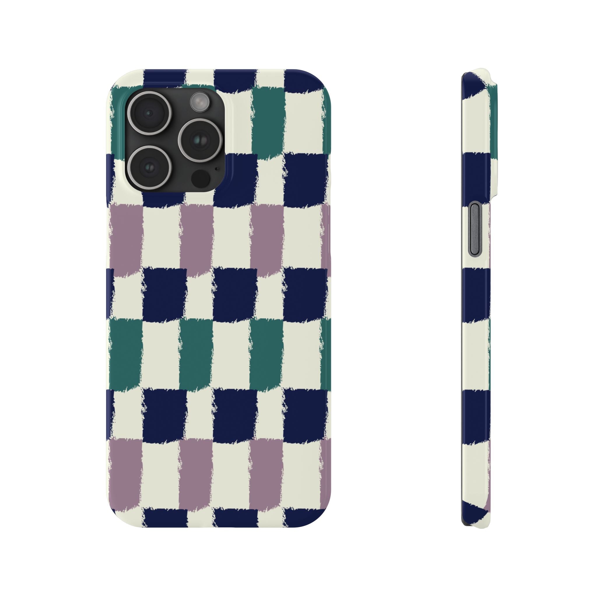Painterly Check Slim Phone Case — Hand-Painted Navy, Teal & Lavender Grid