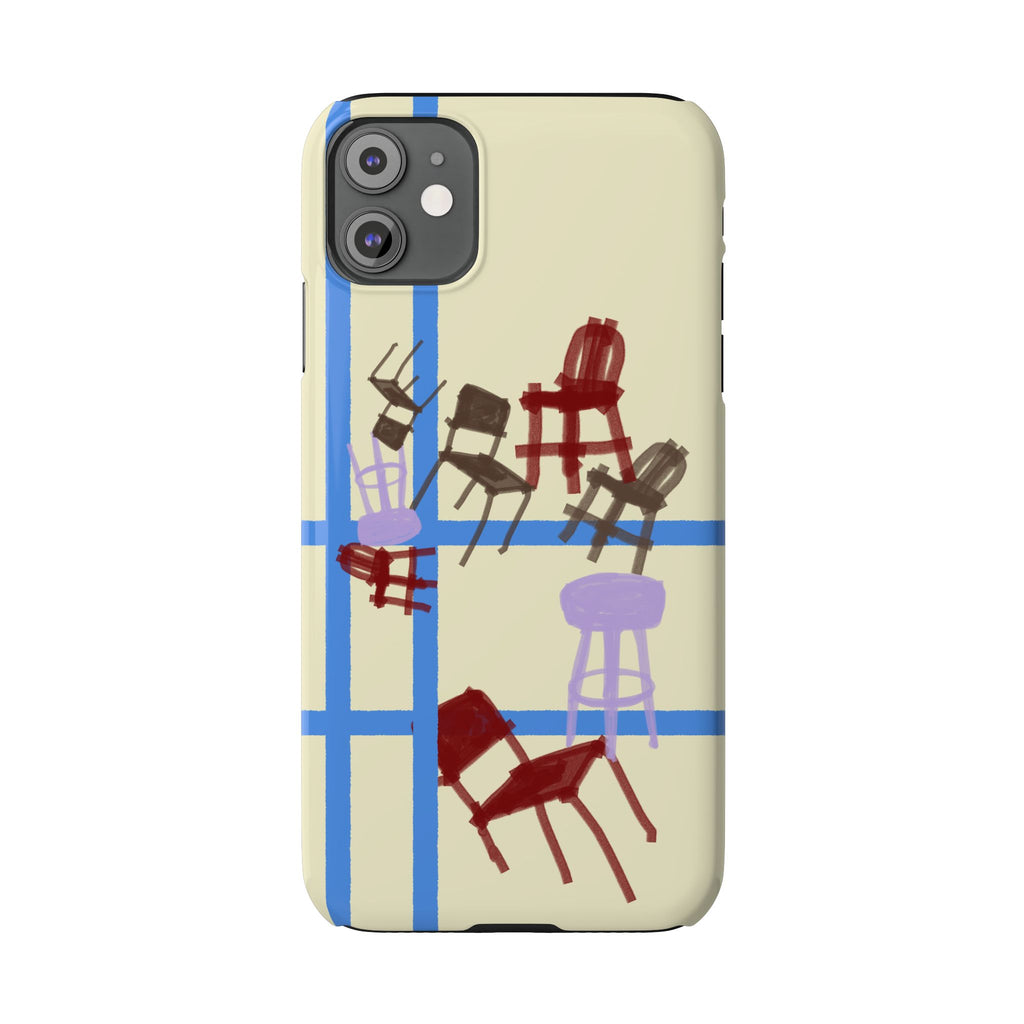 Slim Phone Case — Retro Chairs Pattern on Cream with Blue Grid Backroom-Inspired
