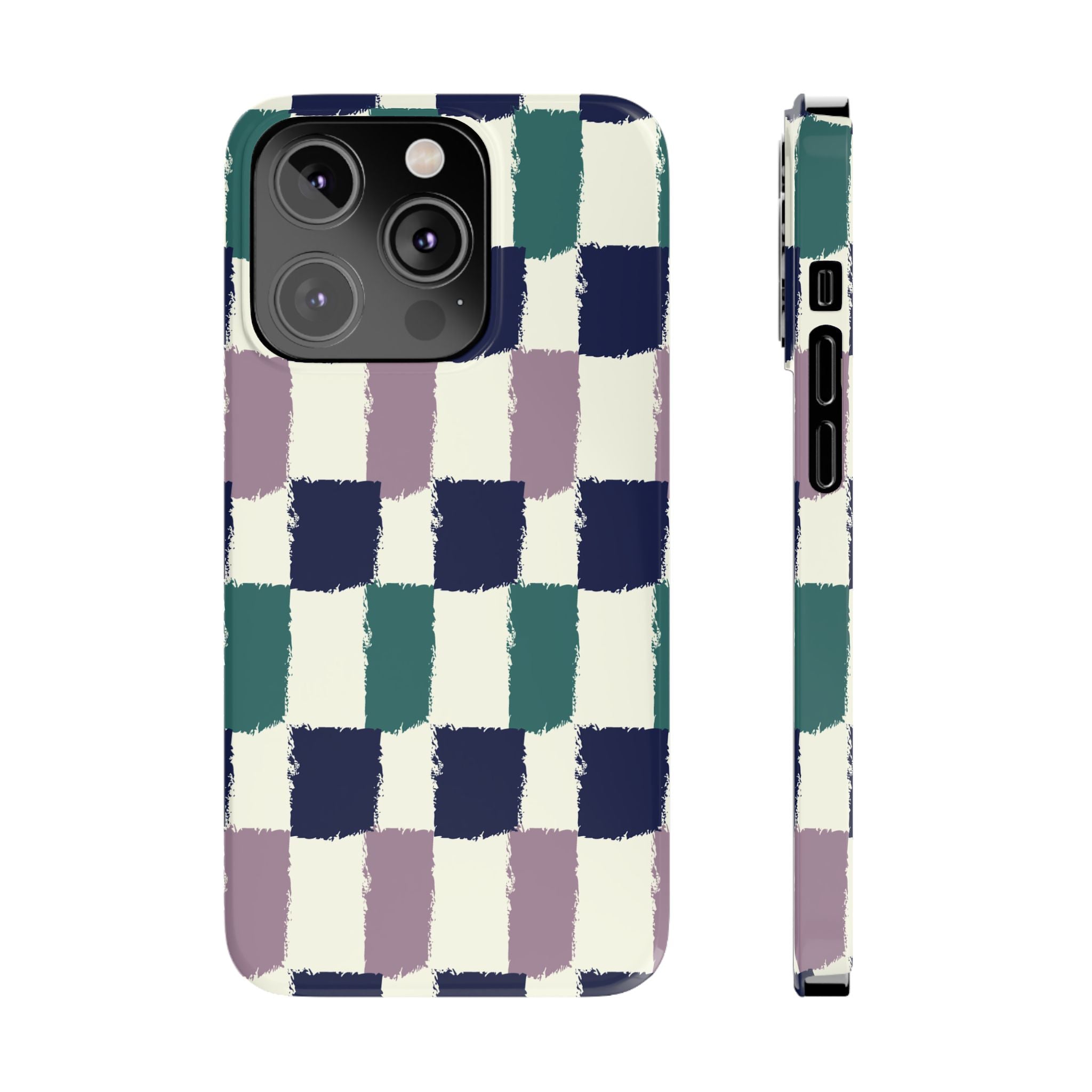 Painterly Check Slim Phone Case — Hand-Painted Navy, Teal & Lavender Grid