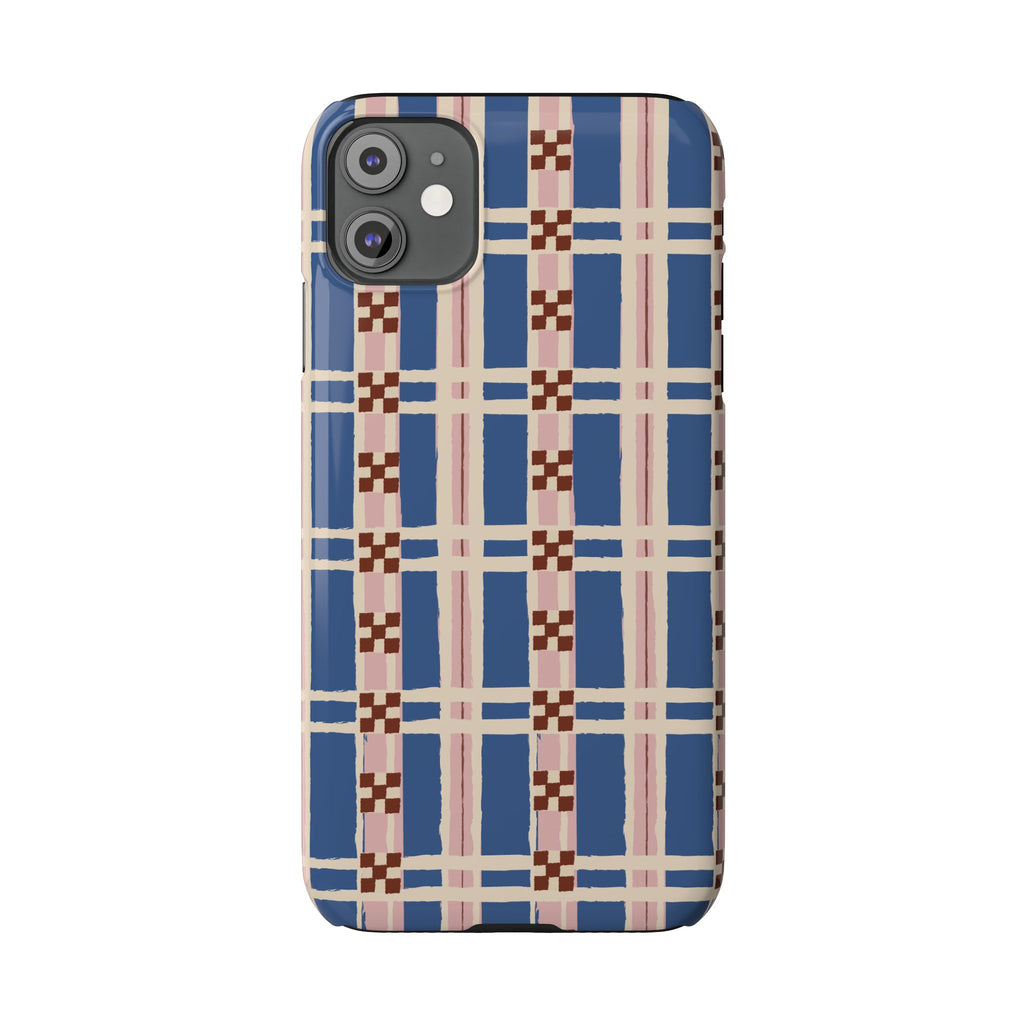 Slim Phone Case — Blue & Pink Retro Plaid Pattern