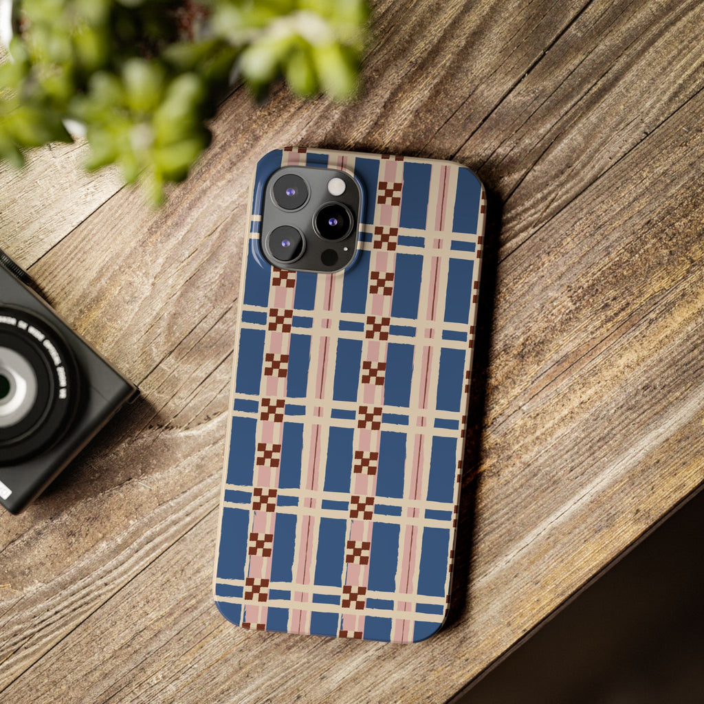 Slim Phone Case — Blue & Pink Retro Plaid Pattern